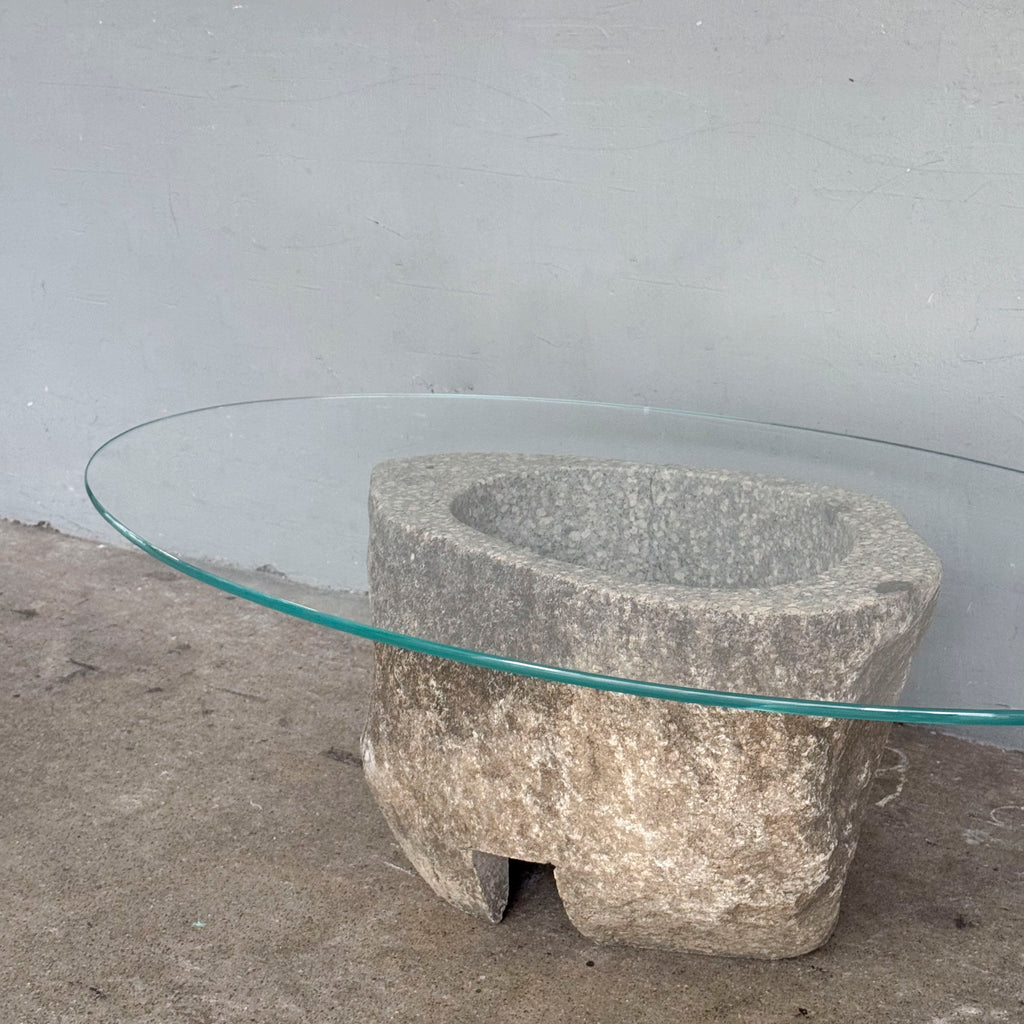 Oval Glass Coffee Table with Stone Base