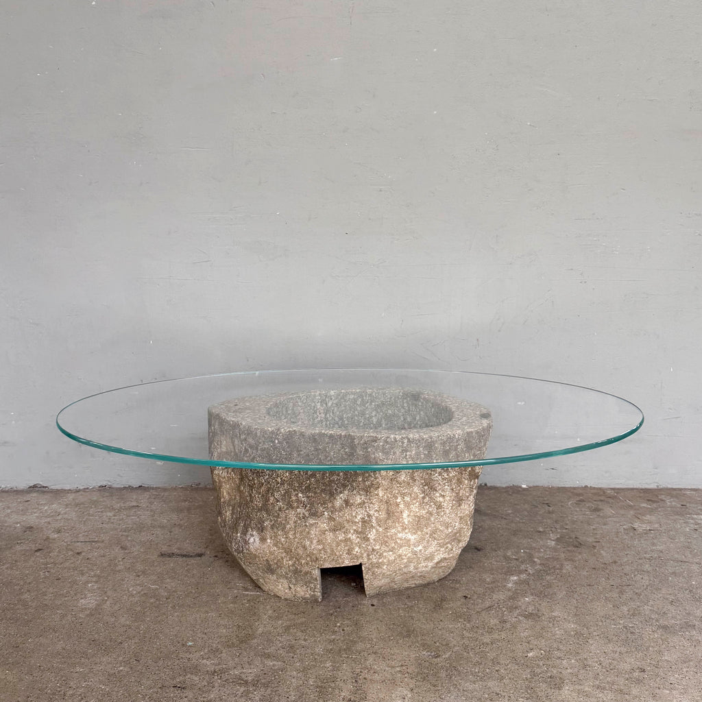 Oval Glass Coffee Table with Stone Base