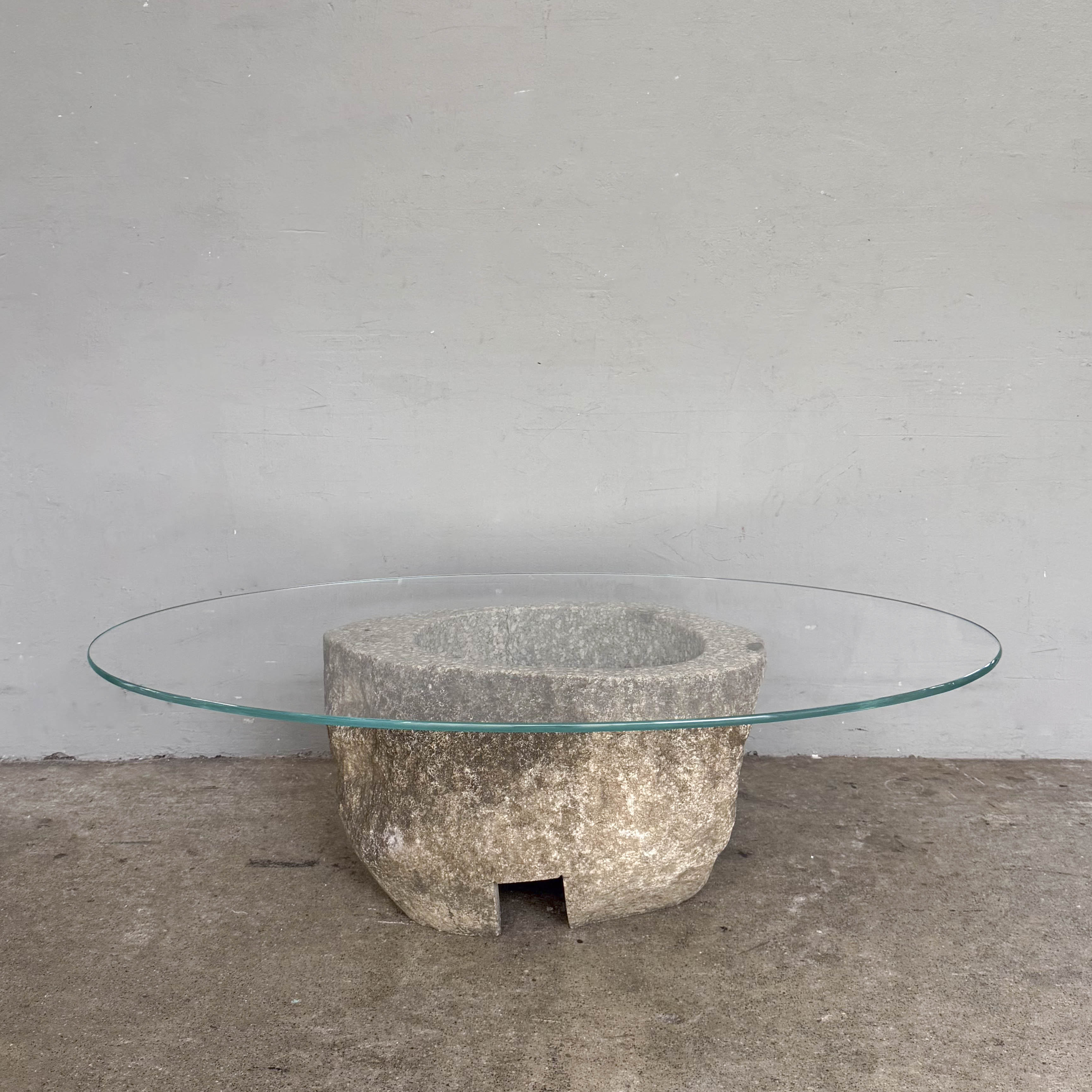 Oval Glass Coffee Table with Stone Base