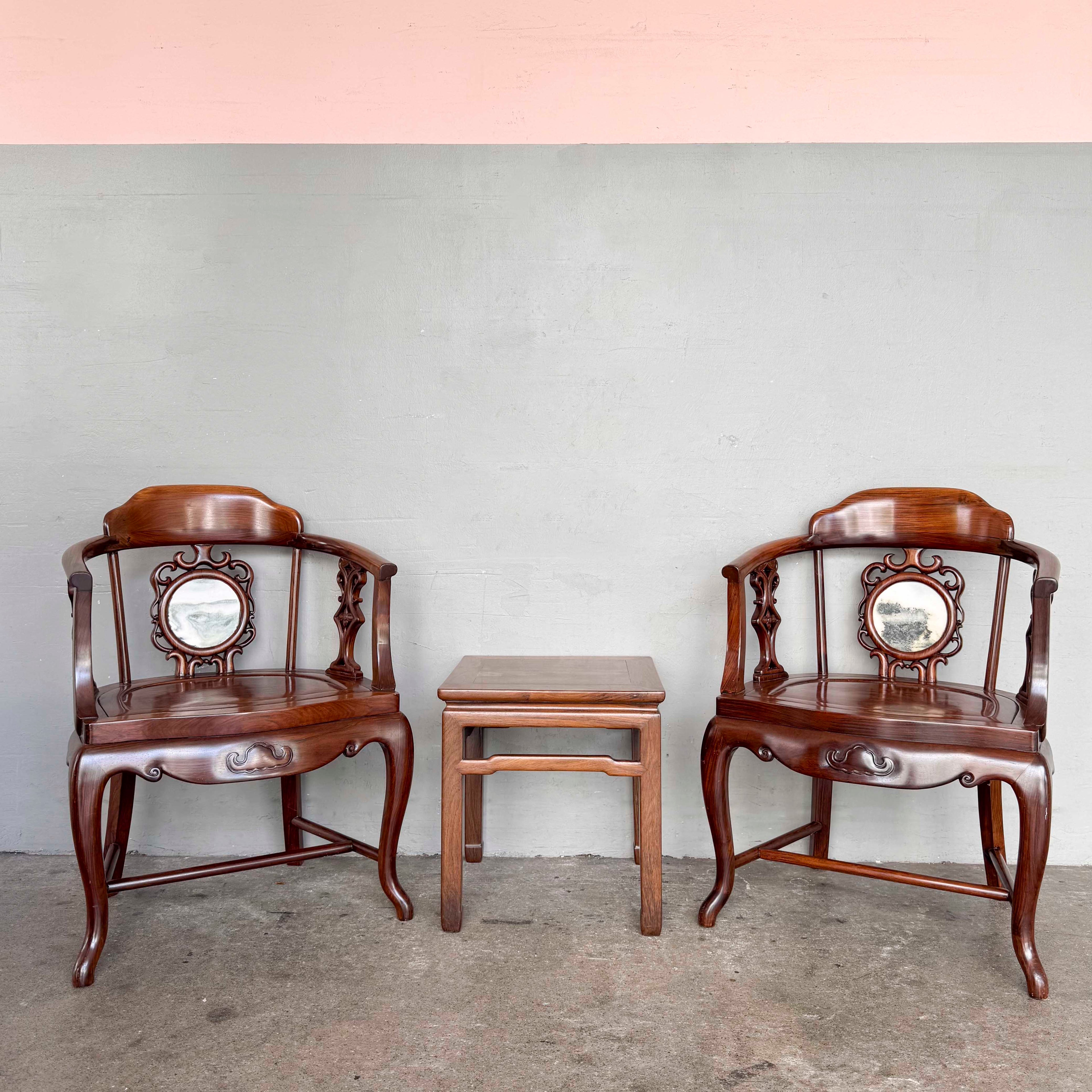 Chinese Armchair Pair with Accent Table