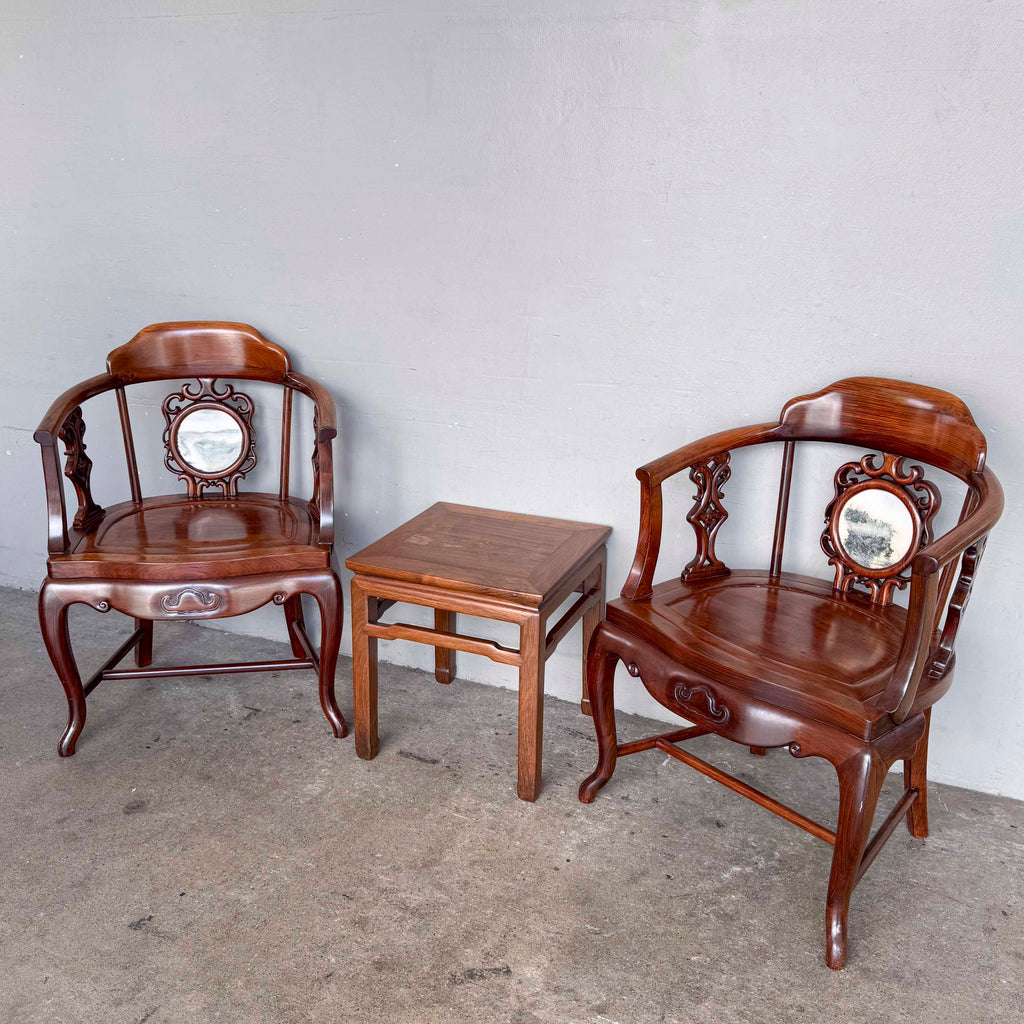 Chinese Armchair Pair with Accent Table