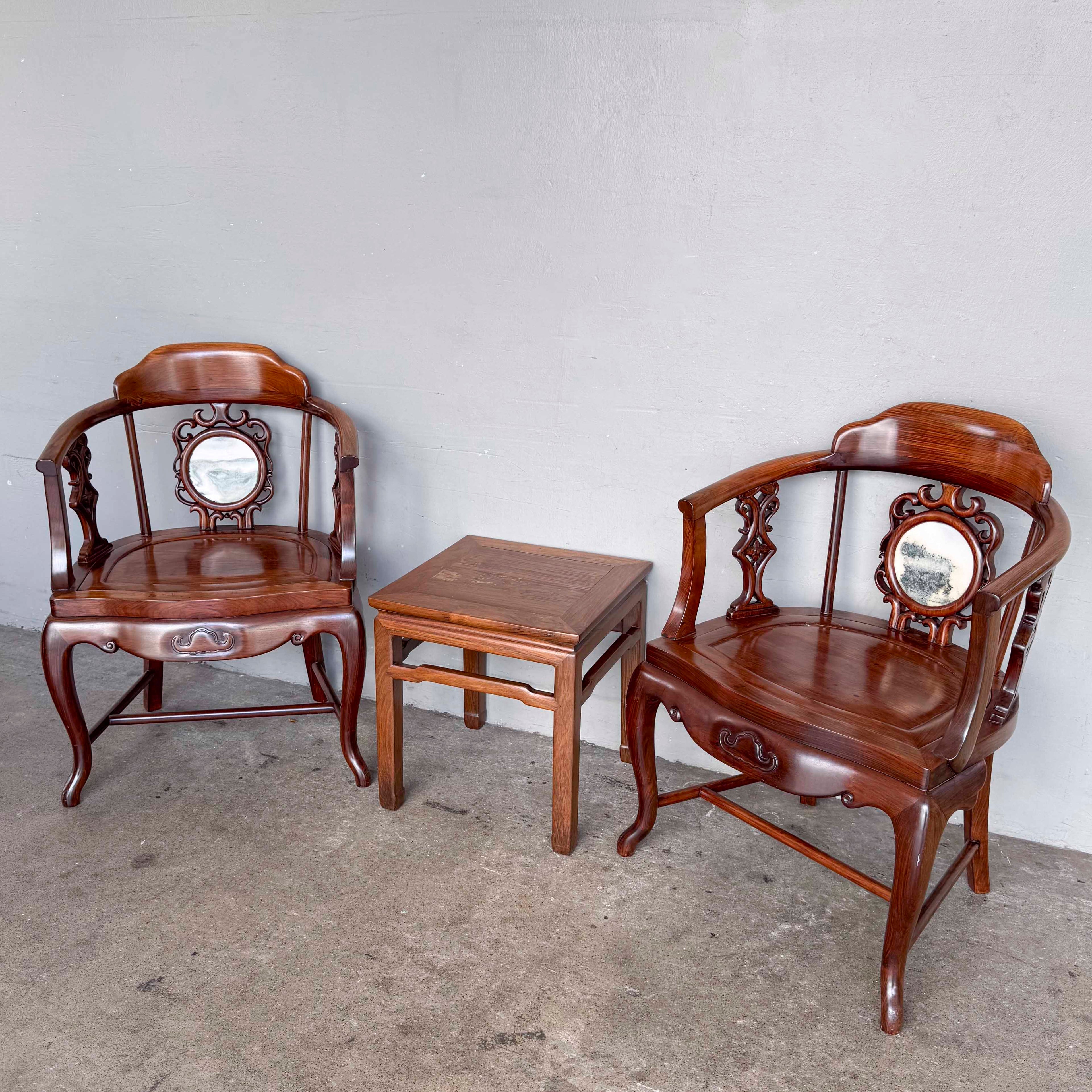 Chinese Armchair Pair with Accent Table