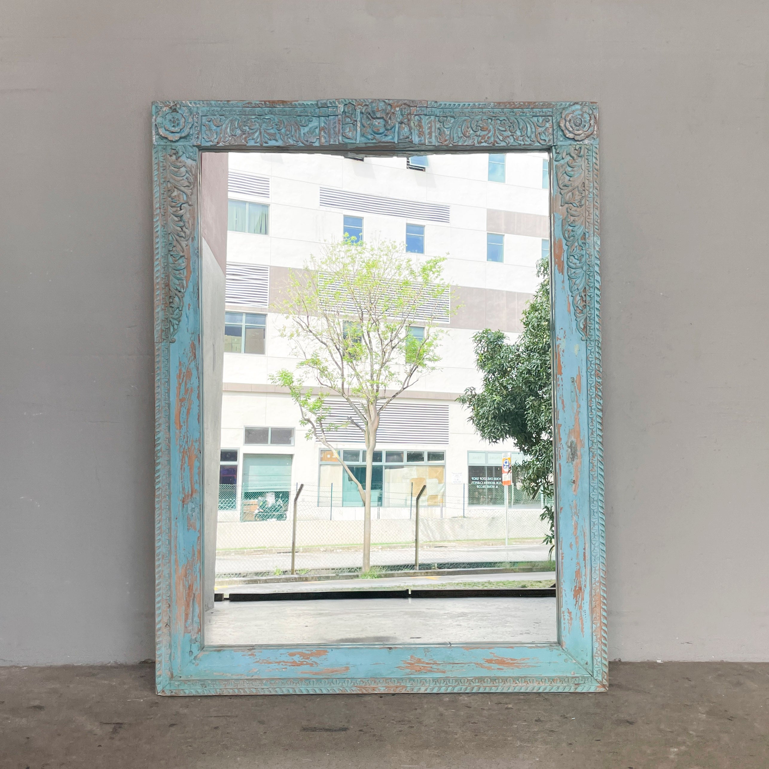 Distressed Turquoise Carved Mirror