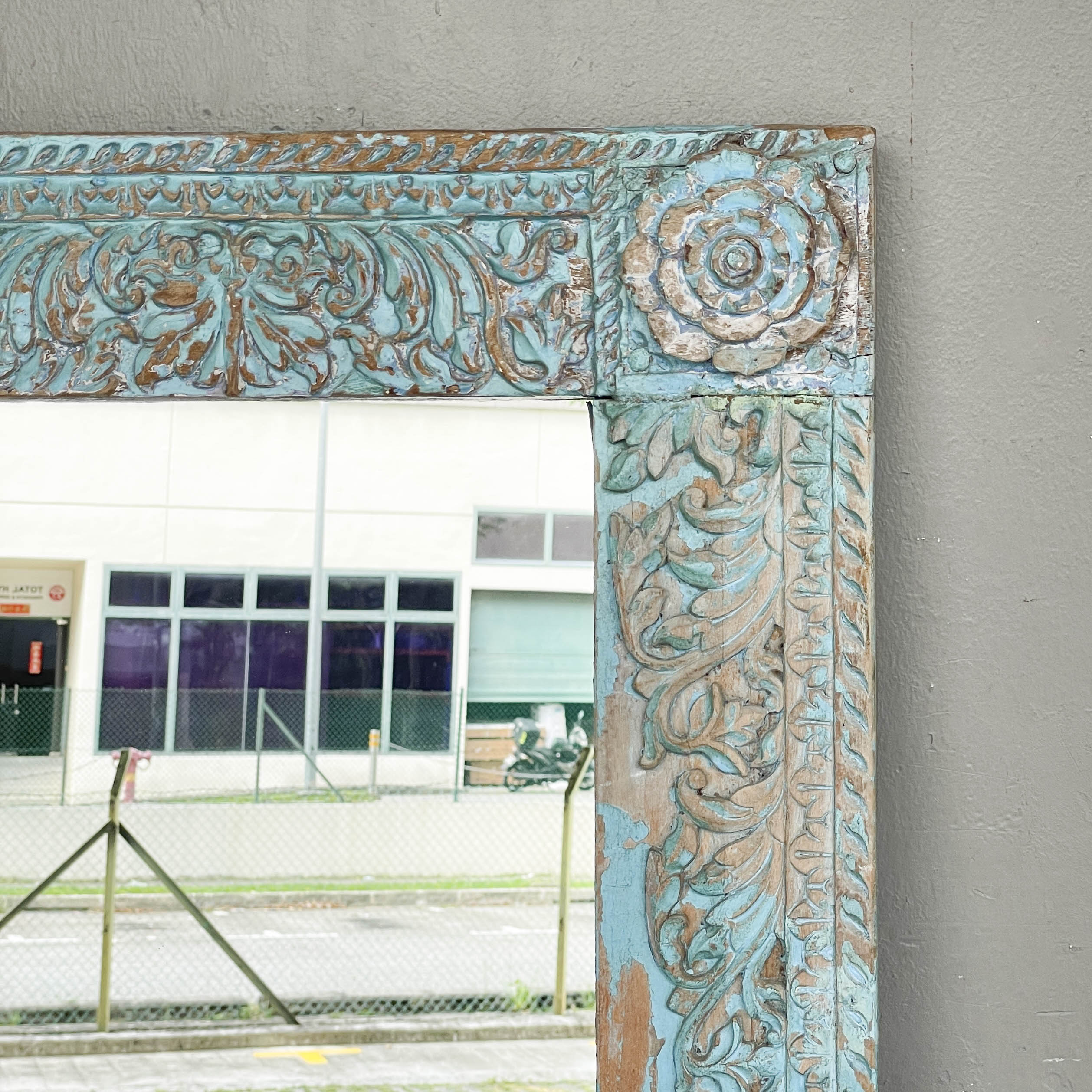 Distressed Turquoise Carved Mirror