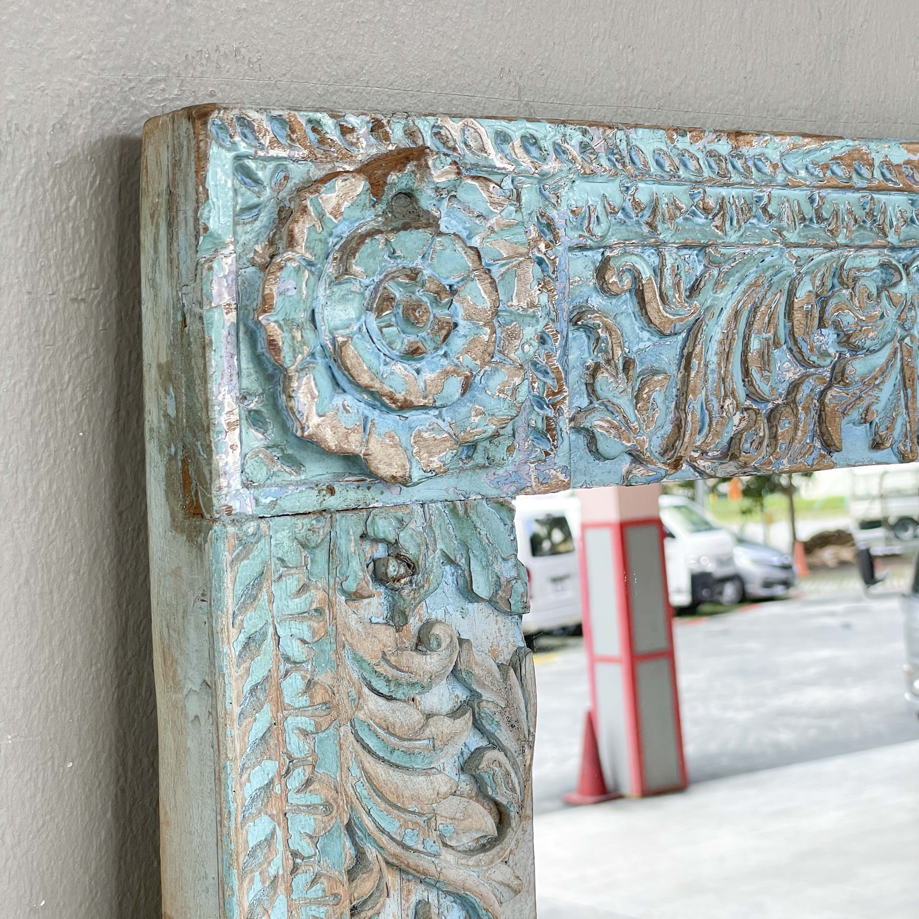 Distressed Turquoise Carved Mirror