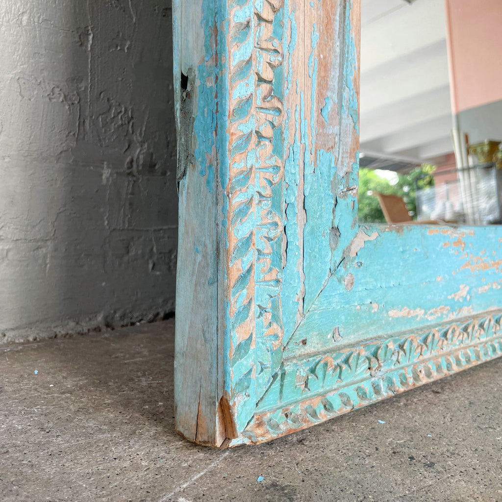 Distressed Turquoise Carved Mirror