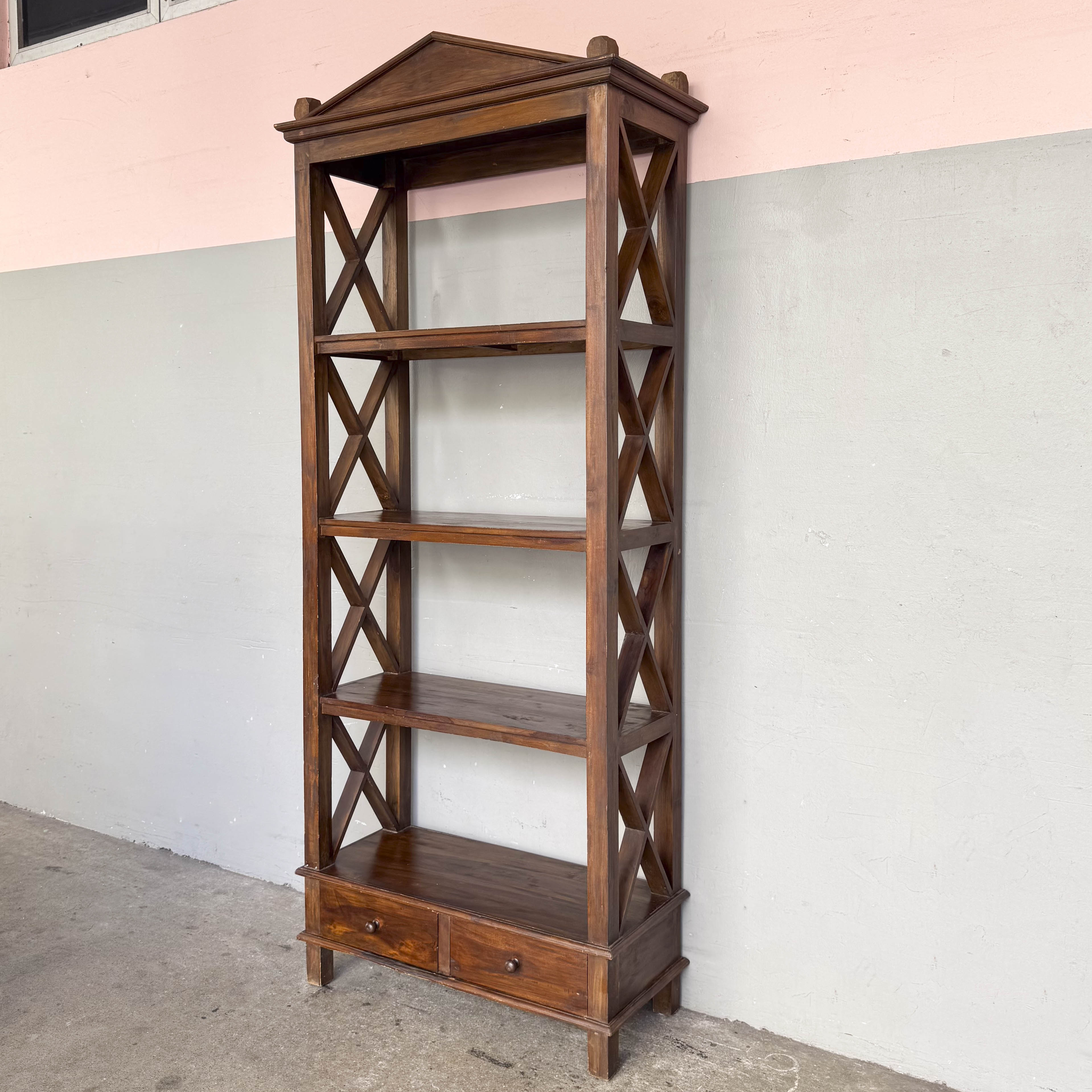 Open Teak Shelf with Cross-Braced Sides
