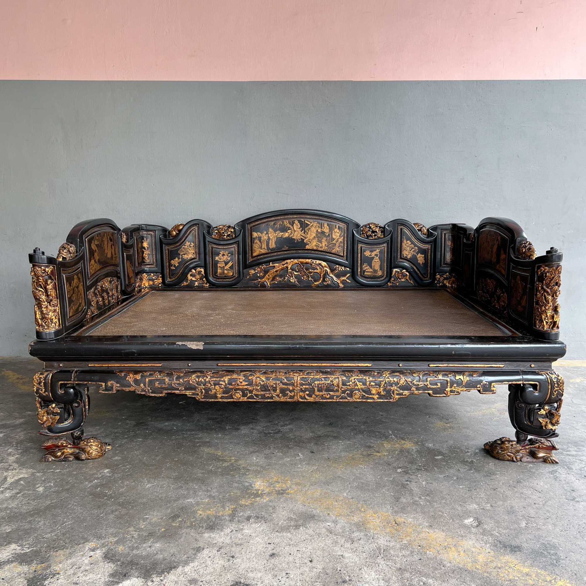 Chao Zhou Lacquered Opium Bed 潮州古董黑漆金镶鸦片床
