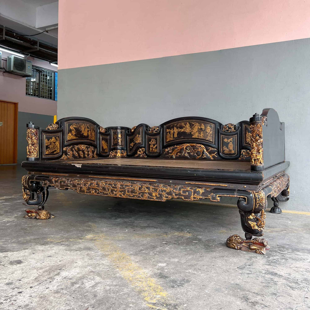 Chao Zhou Lacquered Opium Bed 潮州古董黑漆金镶鸦片床