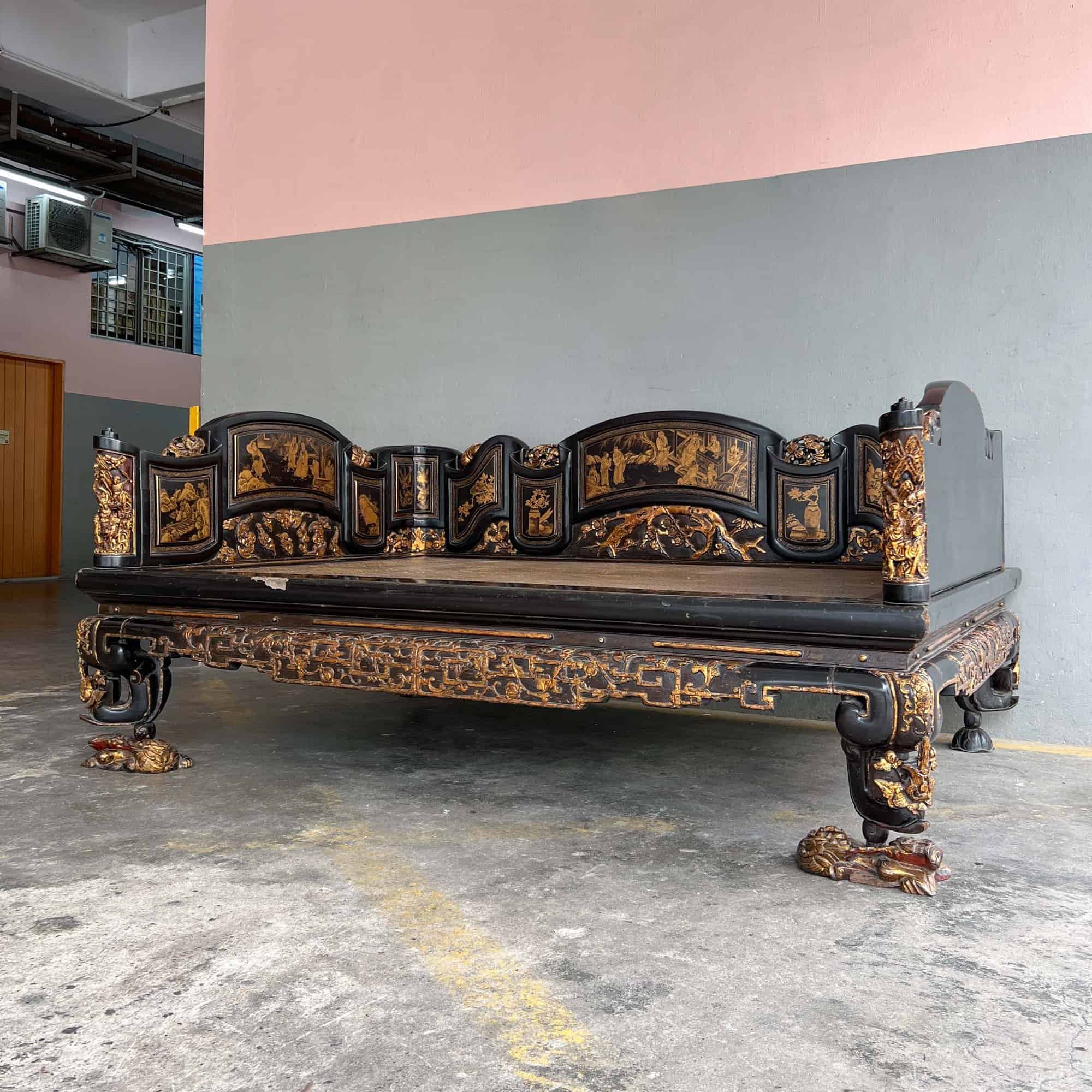 Chao Zhou Lacquered Opium Bed 潮州古董黑漆金镶鸦片床