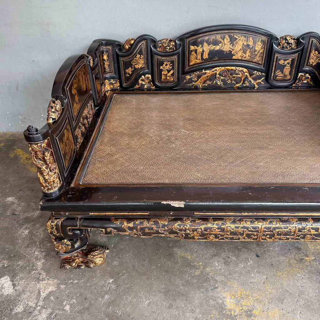 Chao Zhou Lacquered Opium Bed 潮州古董黑漆金镶鸦片床