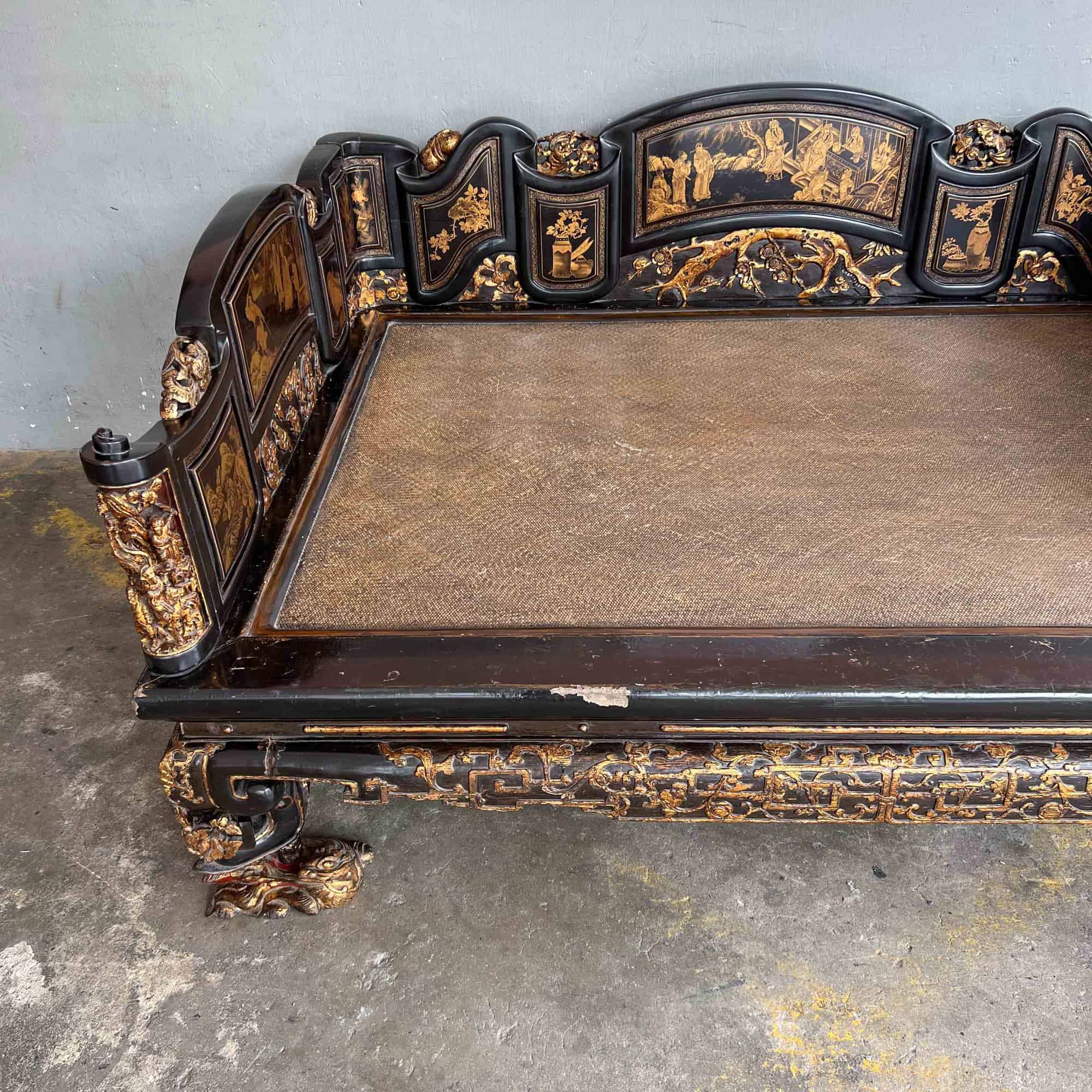 Chao Zhou Lacquered Opium Bed 潮州古董黑漆金镶鸦片床