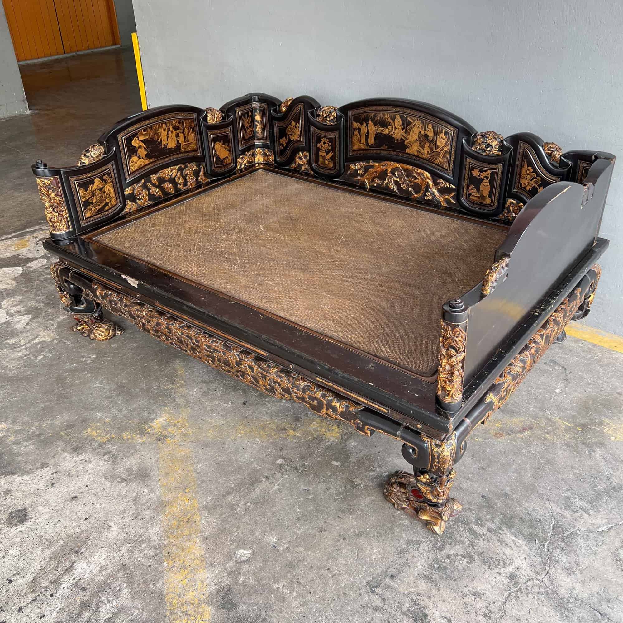 Chao Zhou Lacquered Opium Bed 潮州古董黑漆金镶鸦片床