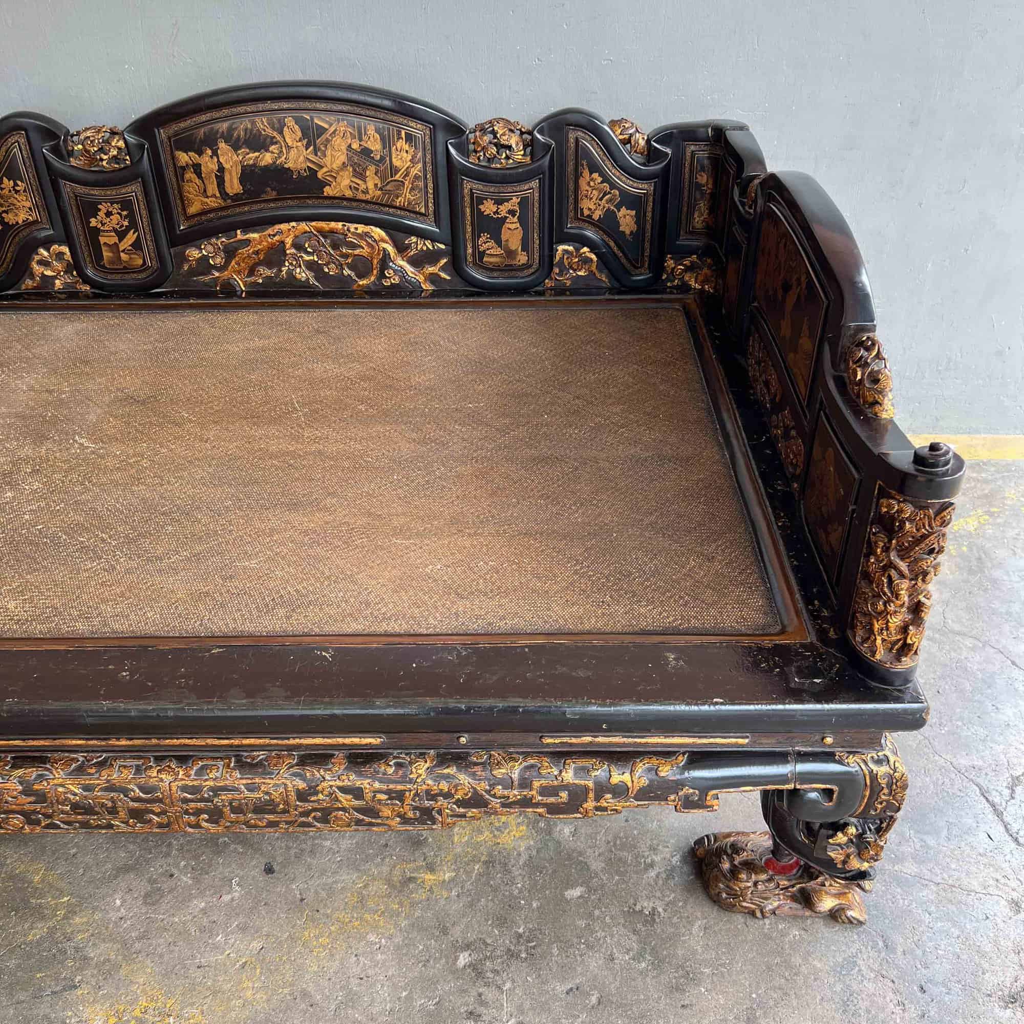 Chao Zhou Lacquered Opium Bed 潮州古董黑漆金镶鸦片床