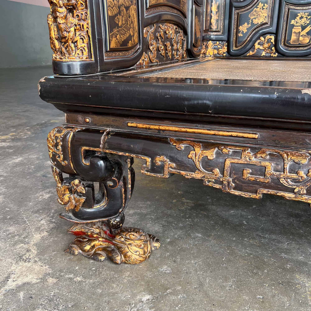 Chao Zhou Lacquered Opium Bed 潮州古董黑漆金镶鸦片床