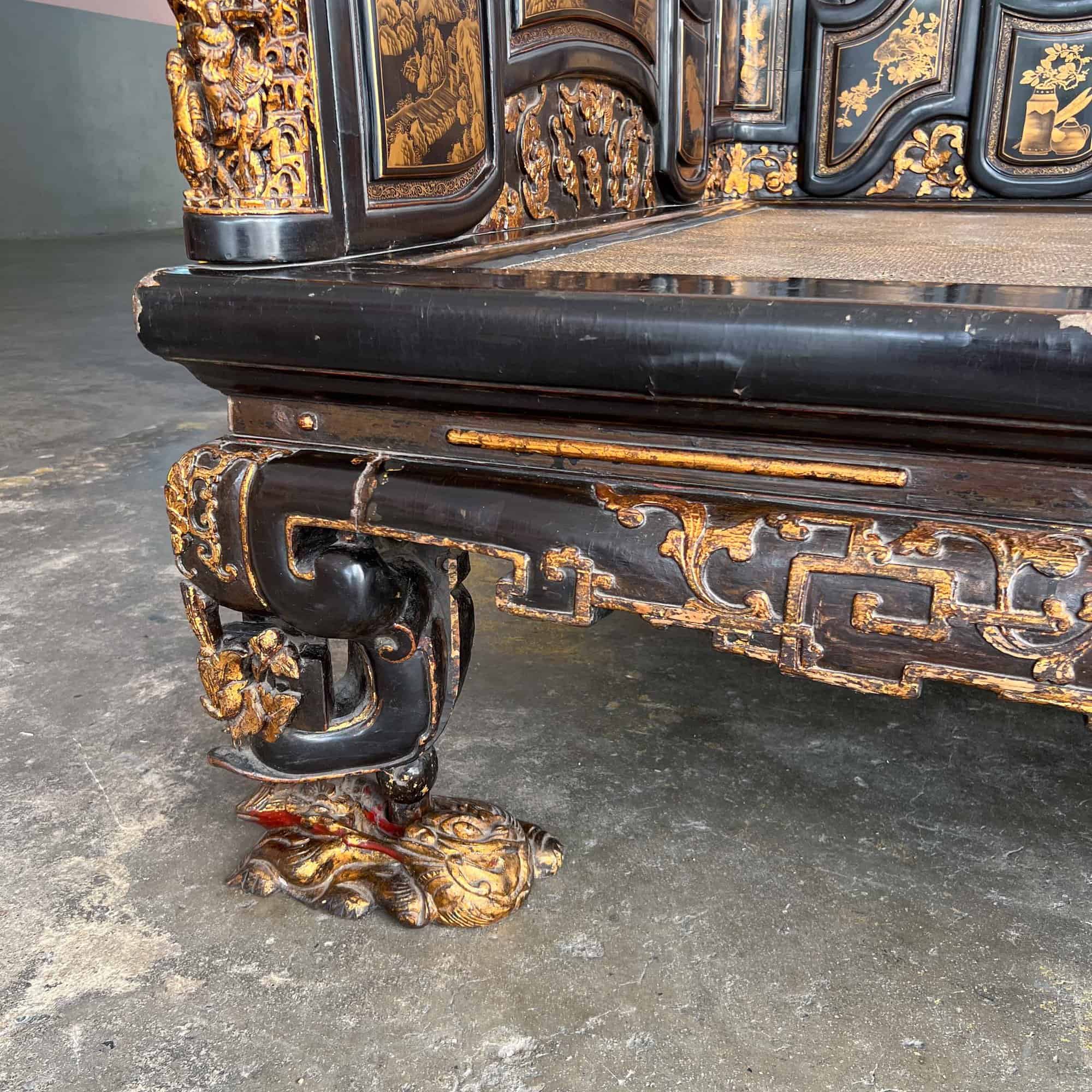 Chao Zhou Lacquered Opium Bed 潮州古董黑漆金镶鸦片床
