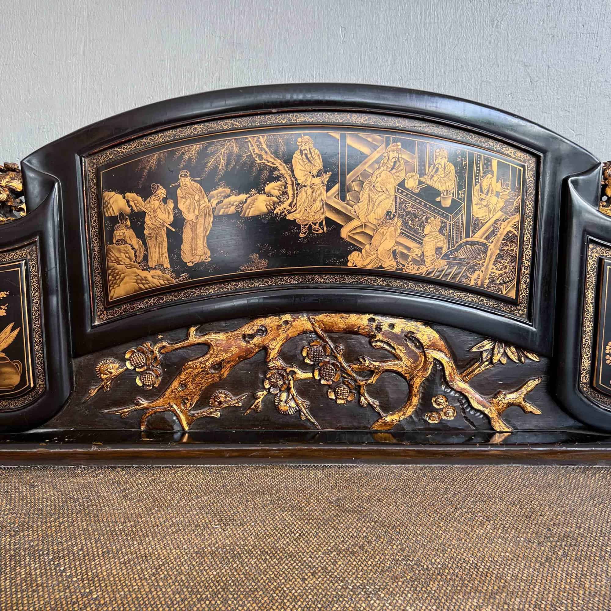 Chao Zhou Lacquered Opium Bed 潮州古董黑漆金镶鸦片床