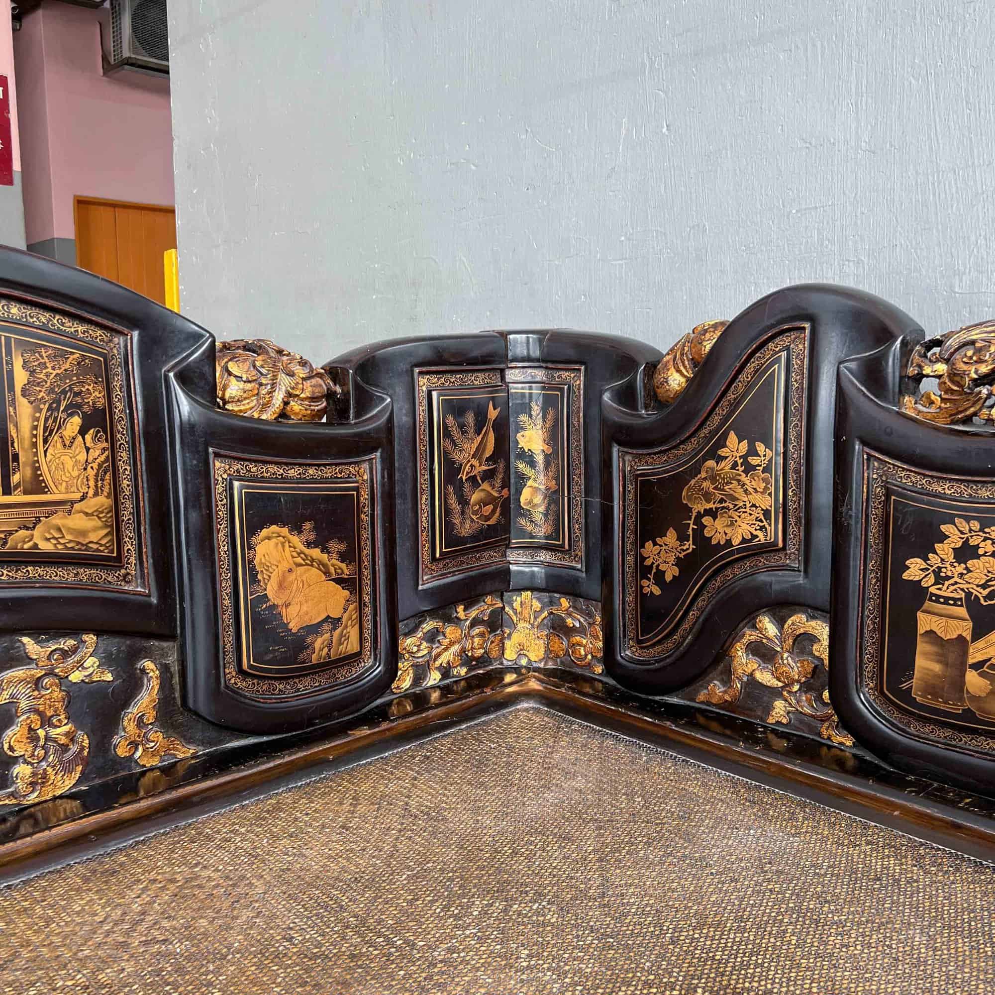 Chao Zhou Lacquered Opium Bed 潮州古董黑漆金镶鸦片床