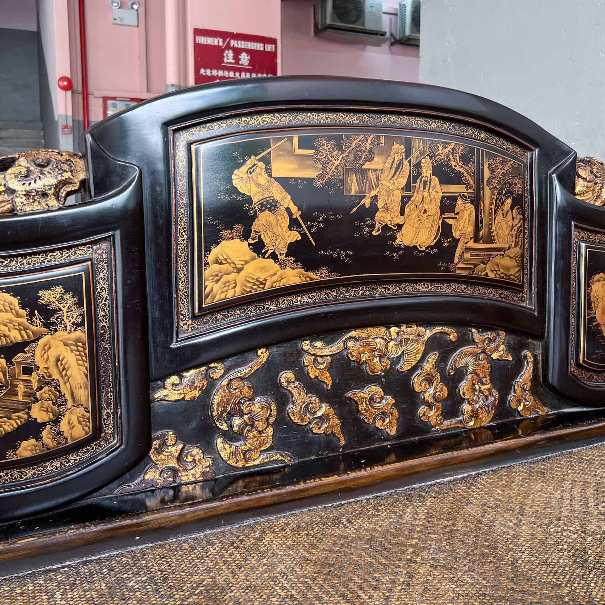 Chao Zhou Lacquered Opium Bed 潮州古董黑漆金镶鸦片床