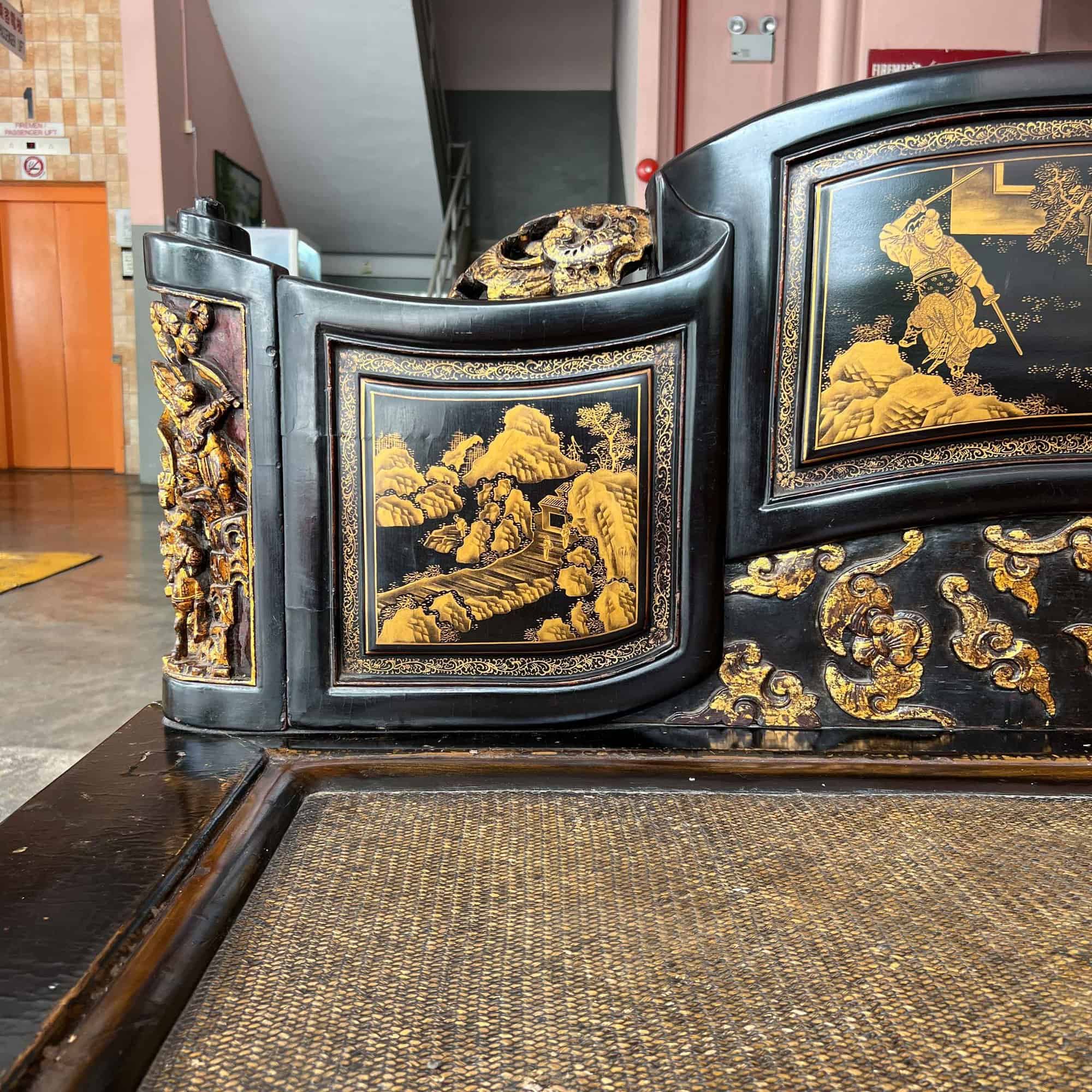 Chao Zhou Lacquered Opium Bed 潮州古董黑漆金镶鸦片床