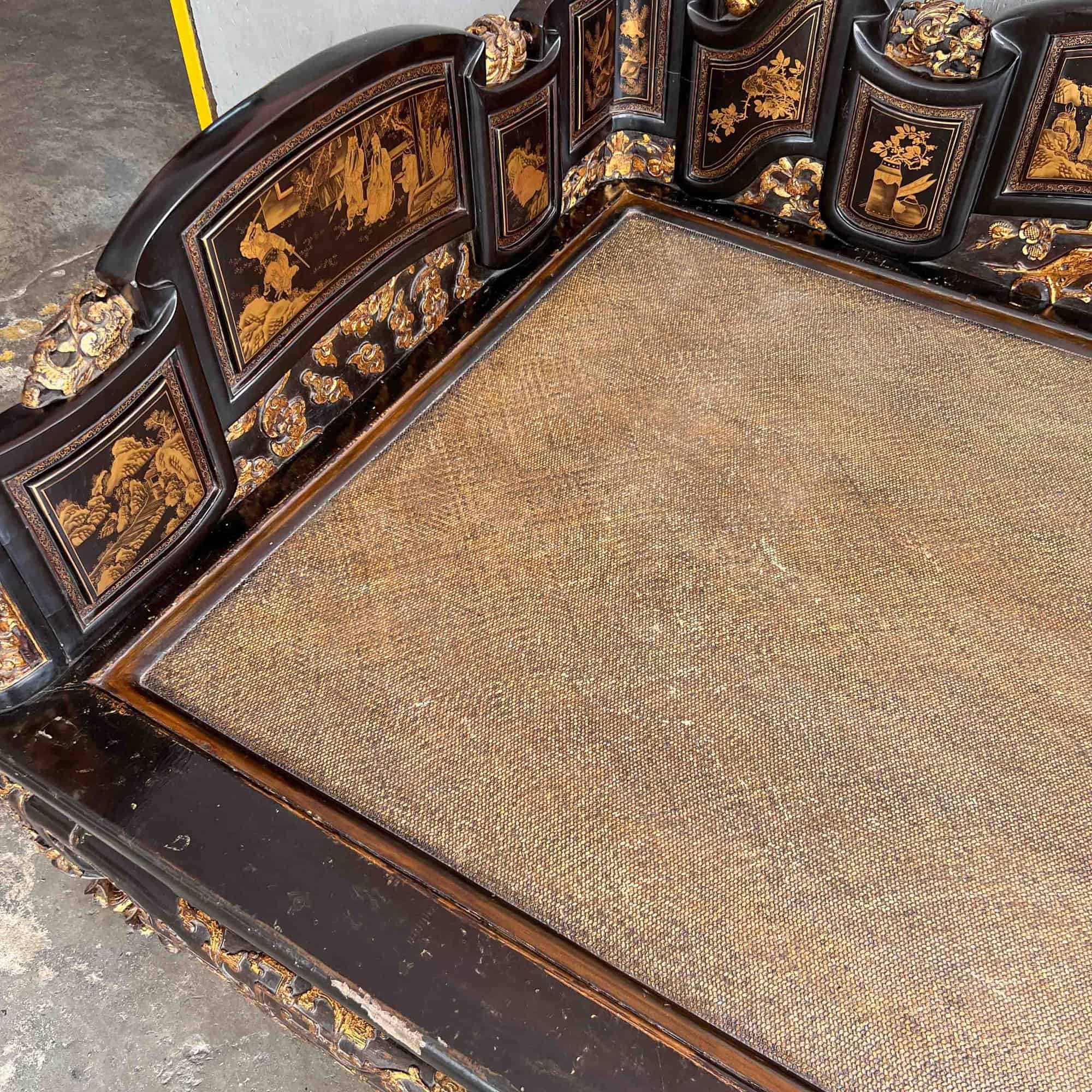Chao Zhou Lacquered Opium Bed 潮州古董黑漆金镶鸦片床