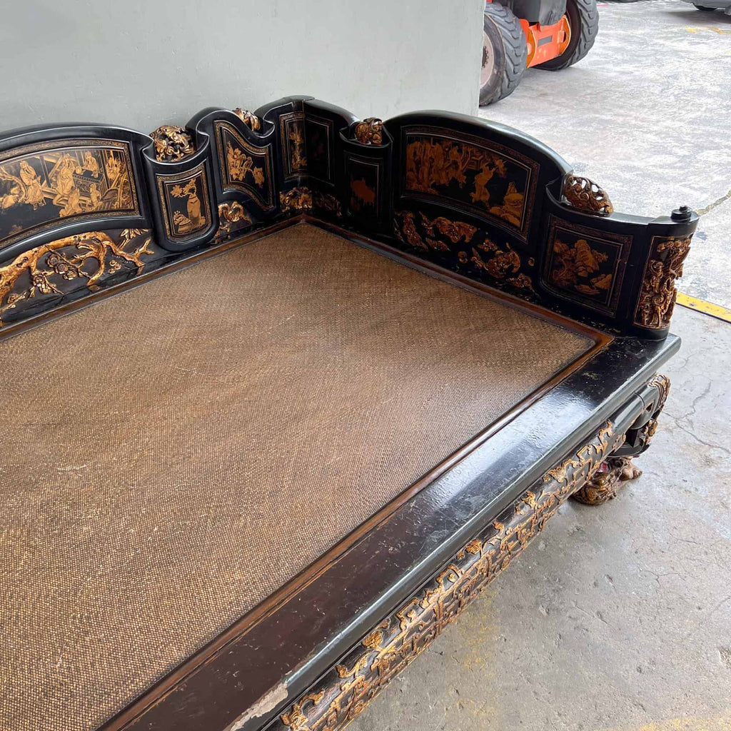 Chao Zhou Lacquered Opium Bed 潮州古董黑漆金镶鸦片床
