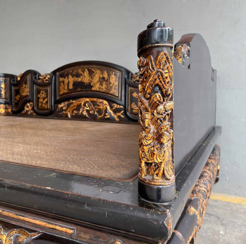 Chao Zhou Lacquered Opium Bed 潮州古董黑漆金镶鸦片床