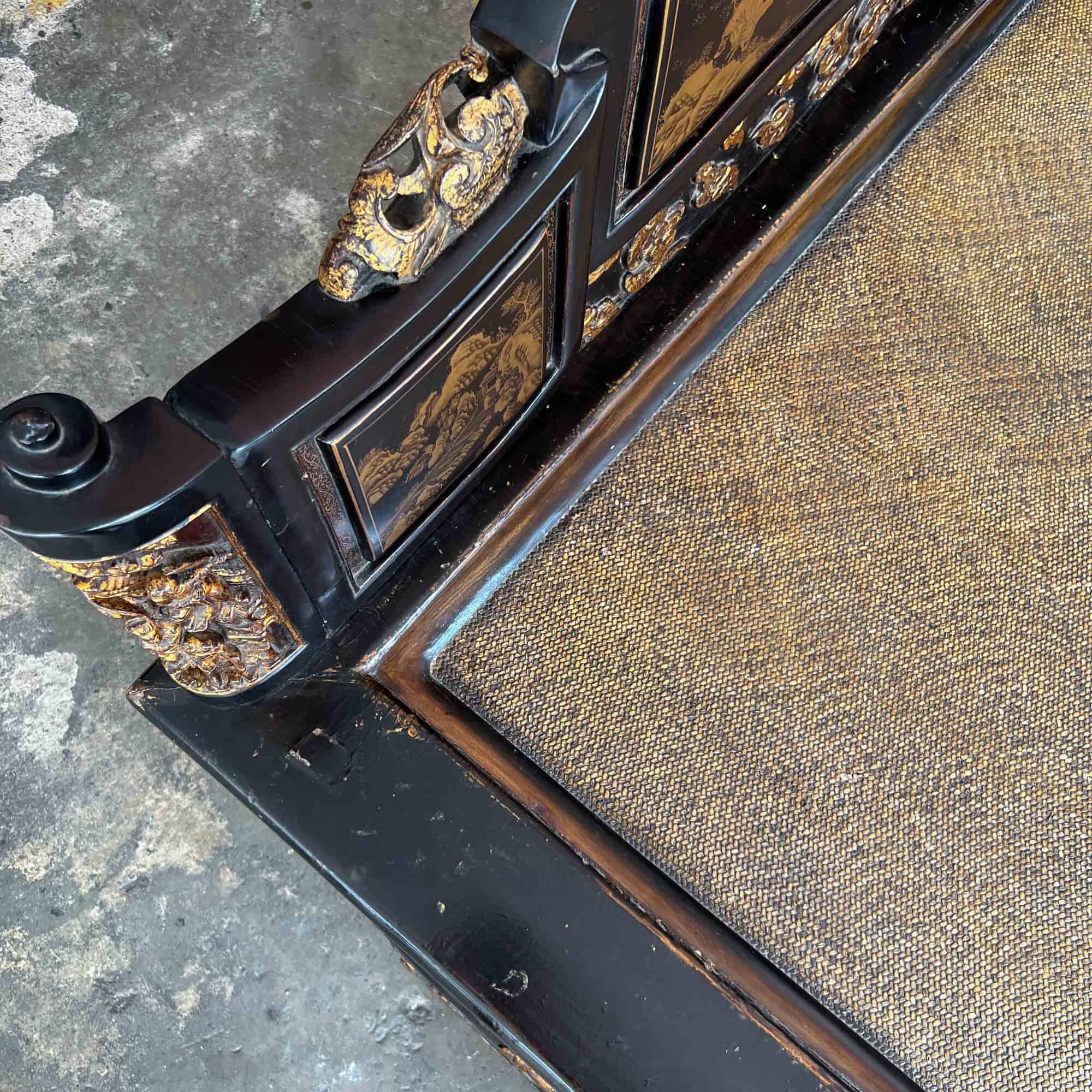 Chao Zhou Lacquered Opium Bed 潮州古董黑漆金镶鸦片床