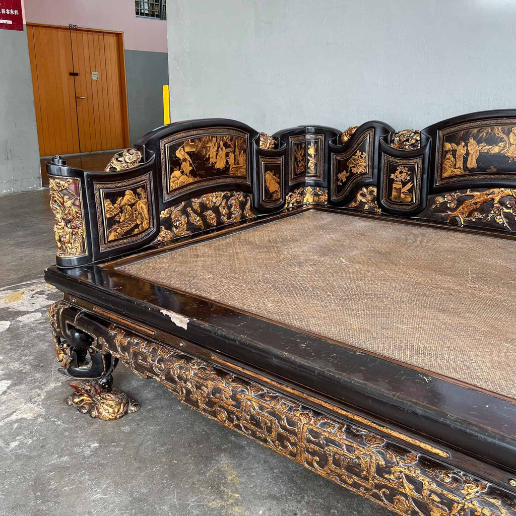 Chao Zhou Lacquered Opium Bed 潮州古董黑漆金镶鸦片床