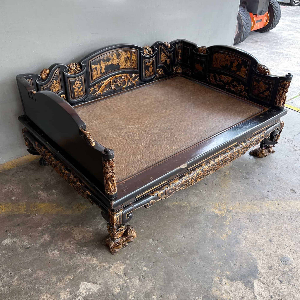 Chao Zhou Lacquered Opium Bed 潮州古董黑漆金镶鸦片床