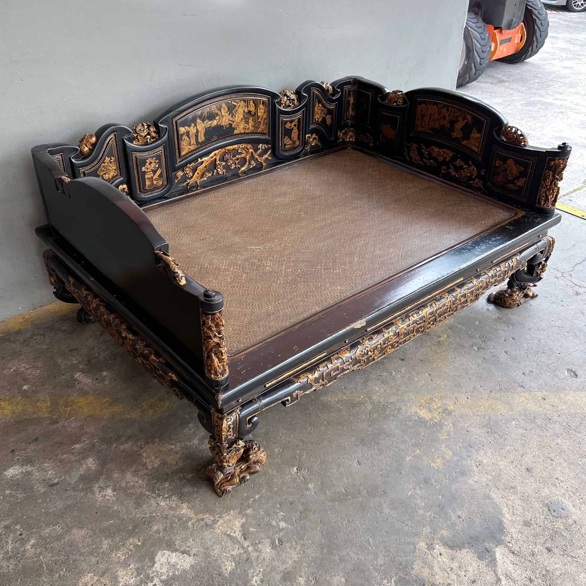 Chao Zhou Lacquered Opium Bed 潮州古董黑漆金镶鸦片床