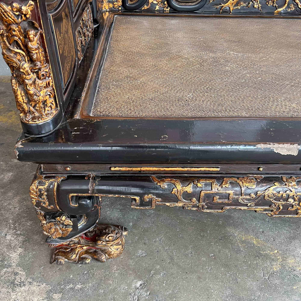 Chao Zhou Lacquered Opium Bed 潮州古董黑漆金镶鸦片床