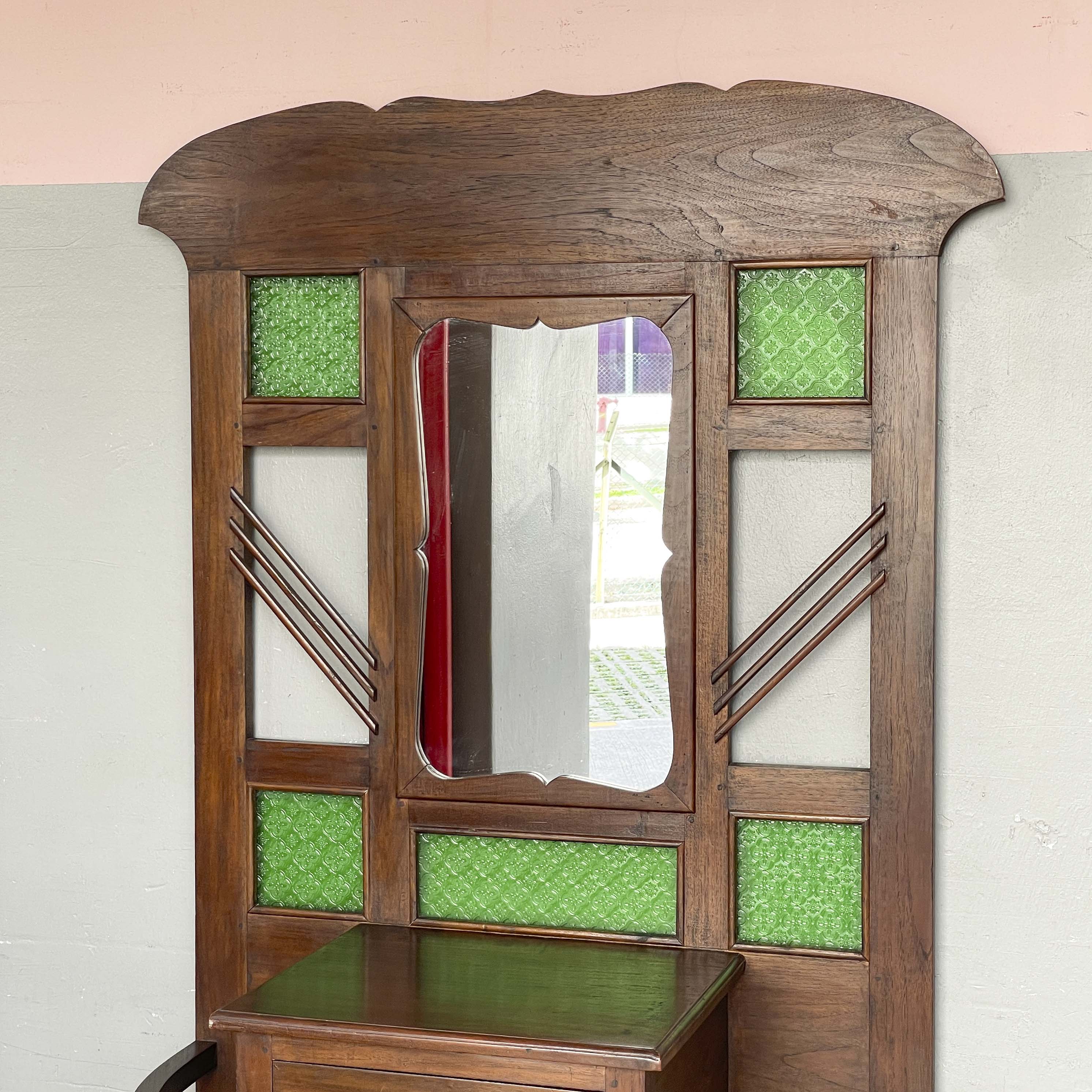 Vintage Hall Stand with Green Stained Glass