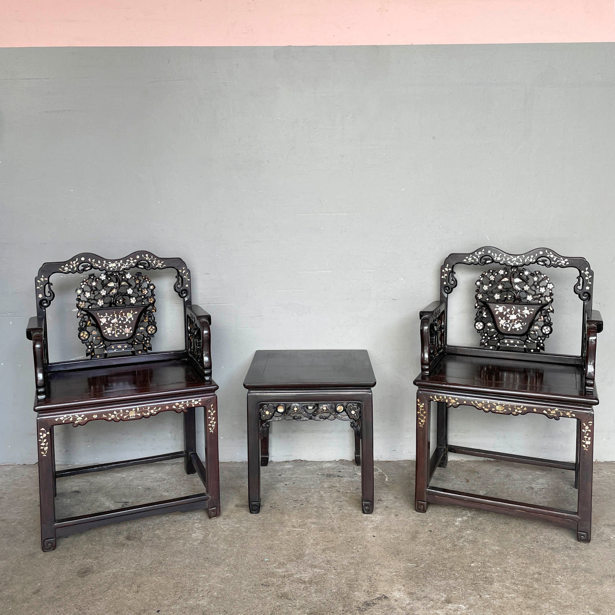 Chinese Blackwood Mother-of-Pearl Armchair Set