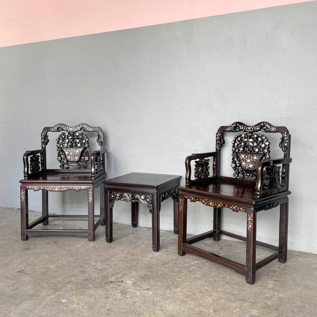 Chinese Blackwood Mother-of-Pearl Armchair Set