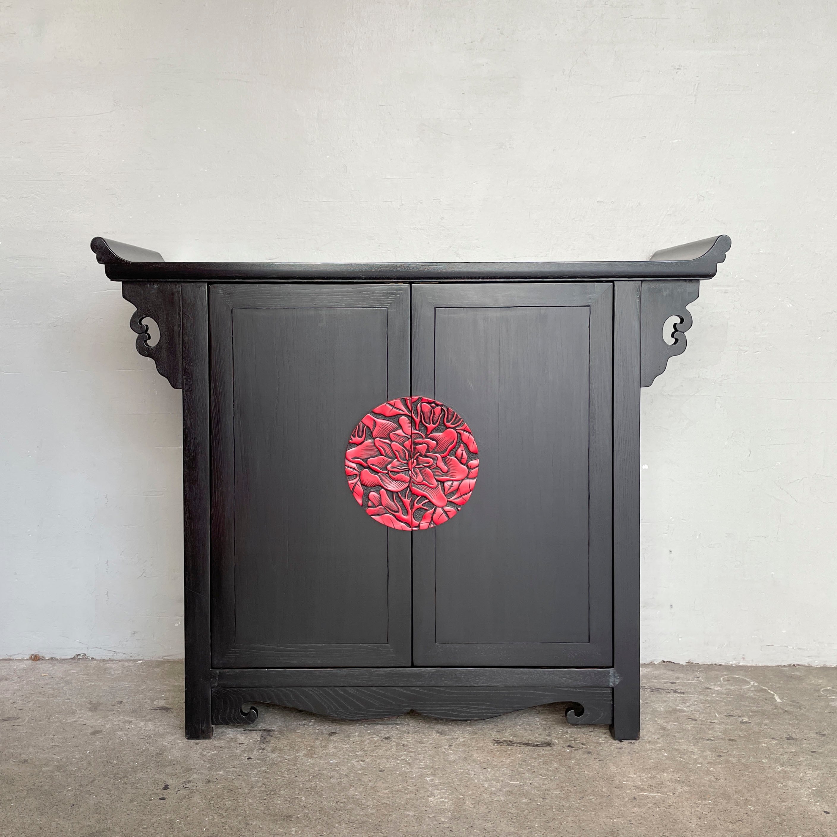 Elm Cabinet with Red Floral Handles