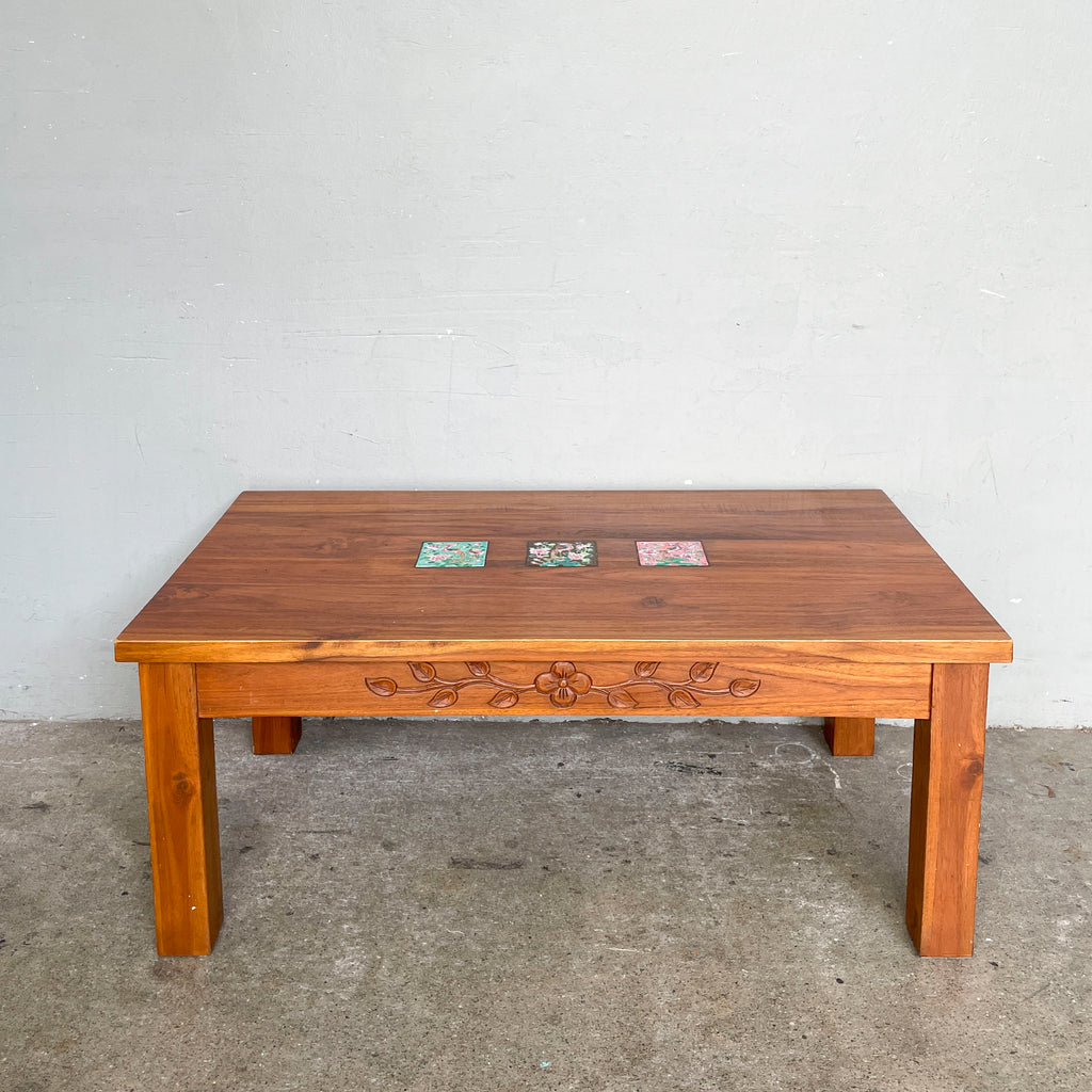 Teak Coffee Table with Decorative Tile Inlays