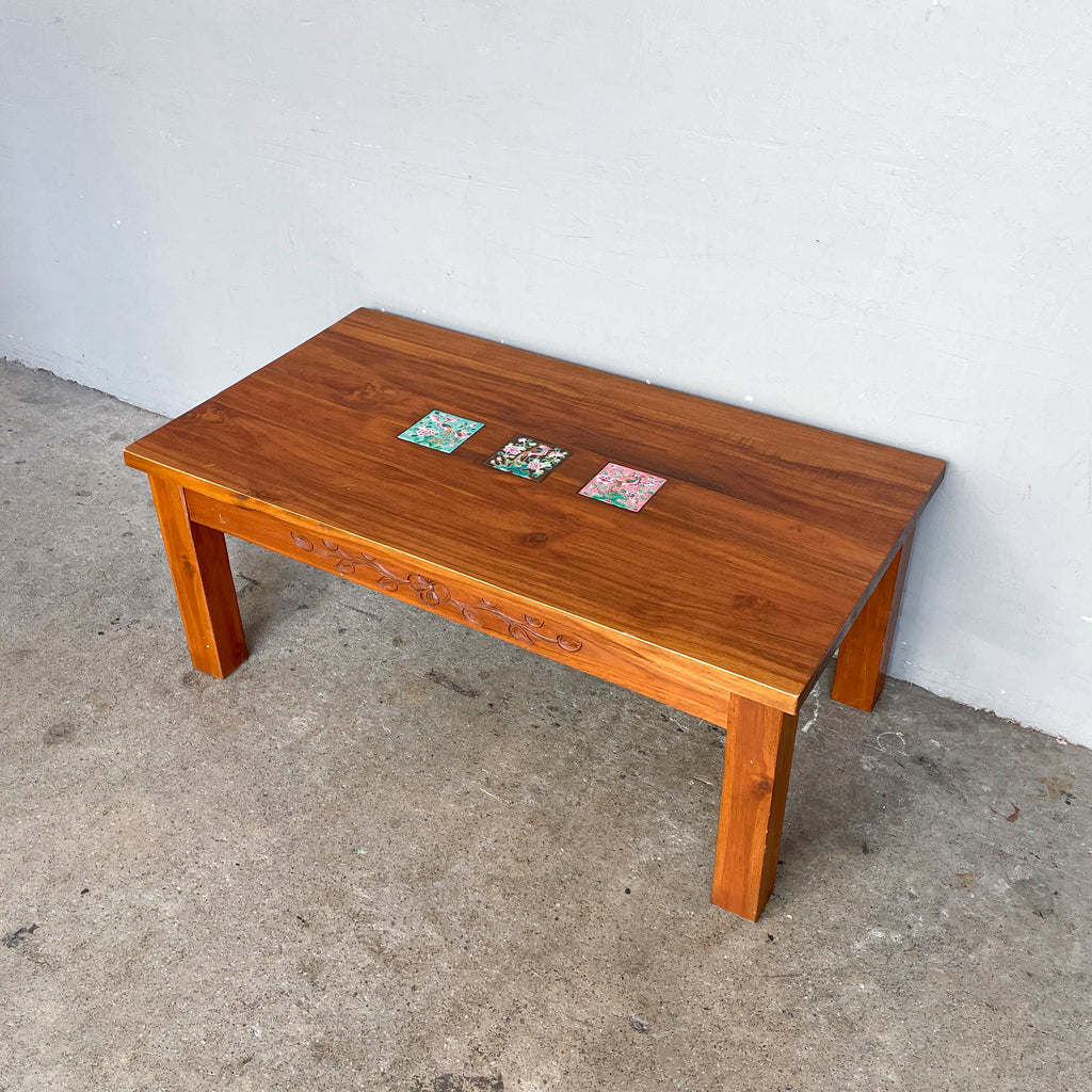Teak Coffee Table with Decorative Tile Inlays