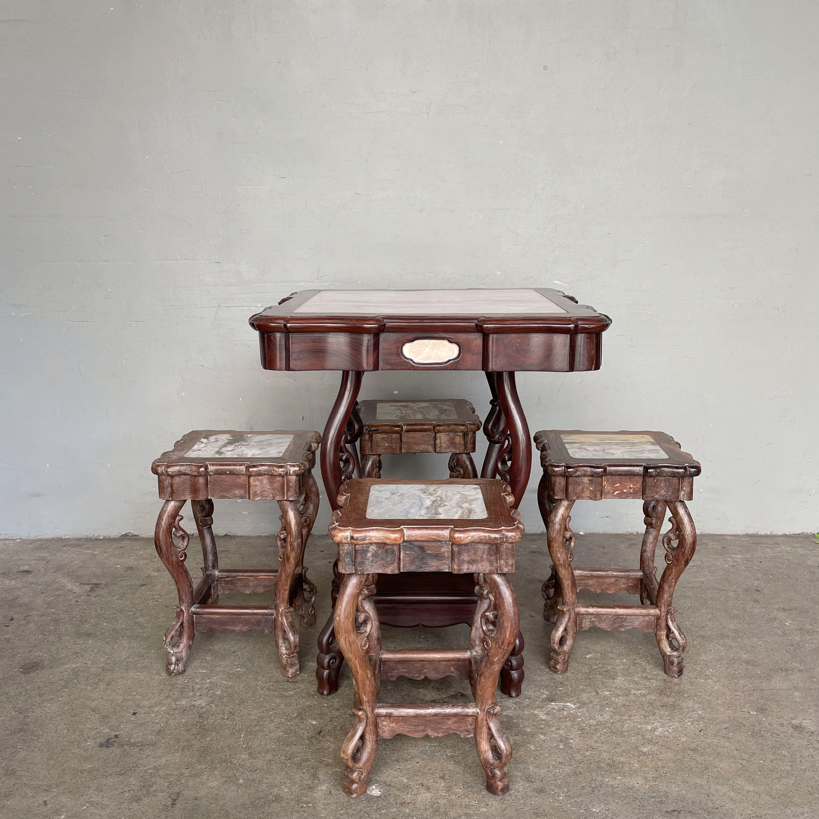 Chinese Blackwood Marble Table with Stools Set