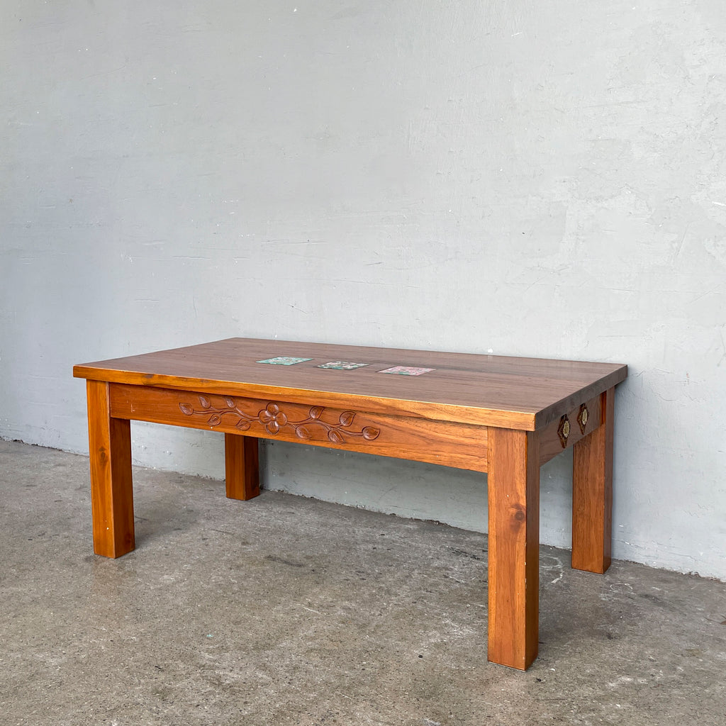 Teak Coffee Table with Decorative Tile Inlays