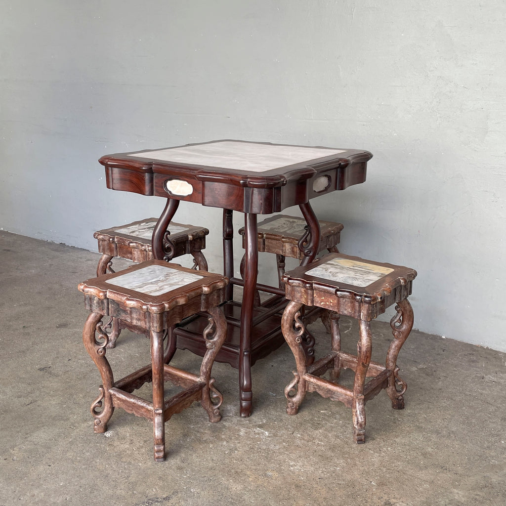 Chinese Blackwood Marble Table with Stools Set