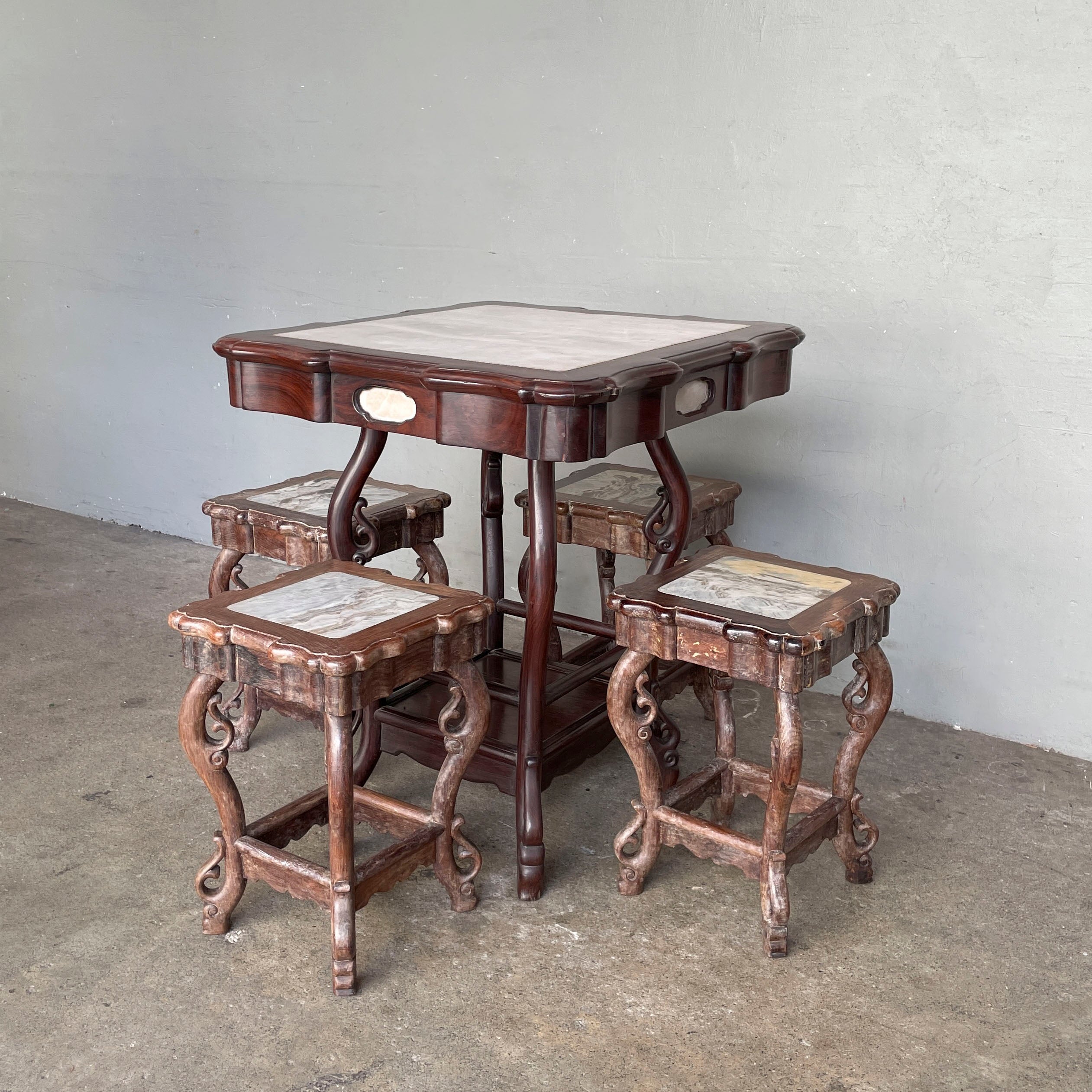 Chinese Blackwood Marble Table with Stools Set