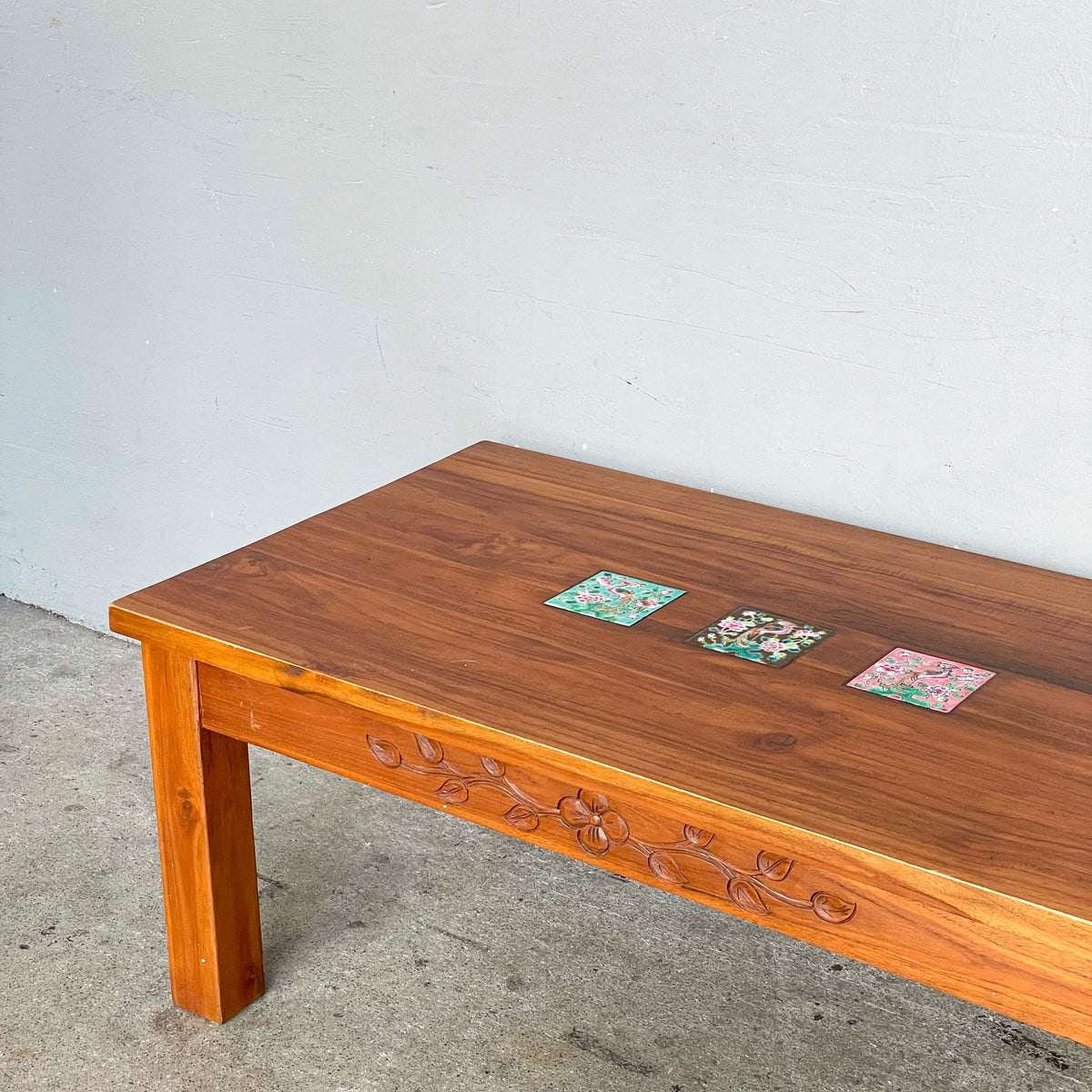 Teak Coffee Table with Decorative Tile Inlays