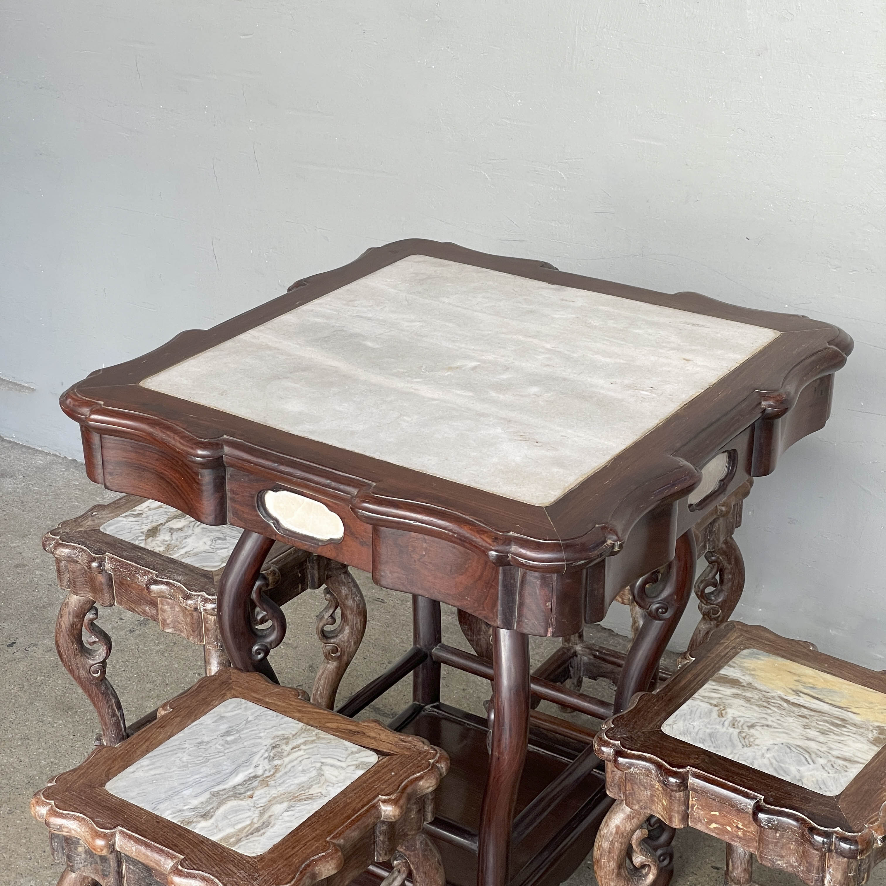 Chinese Blackwood Marble Table with Stools Set