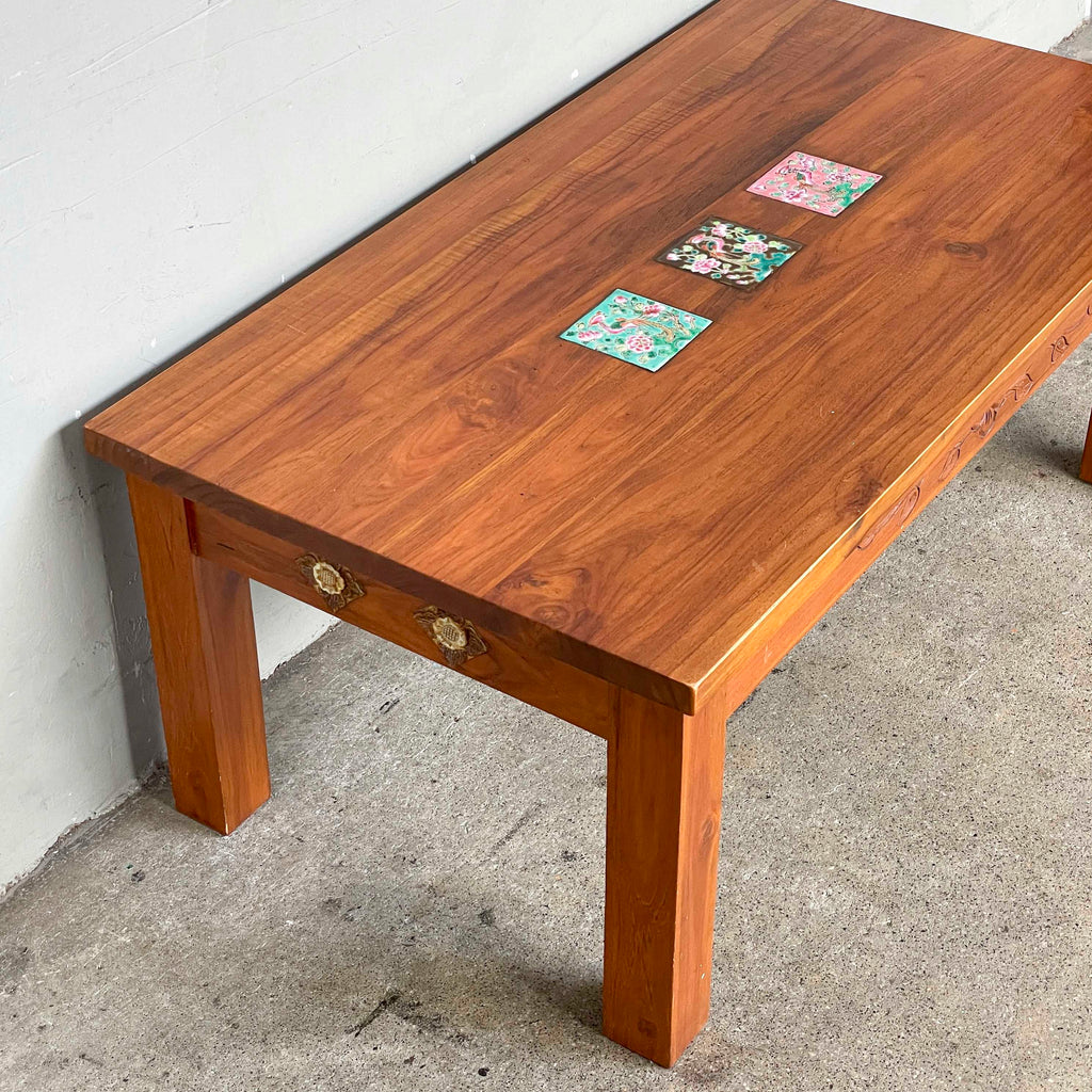 Teak Coffee Table with Decorative Tile Inlays