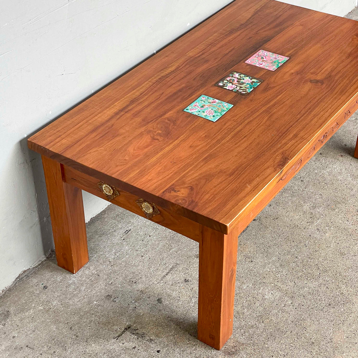 Teak Coffee Table with Decorative Tile Inlays
