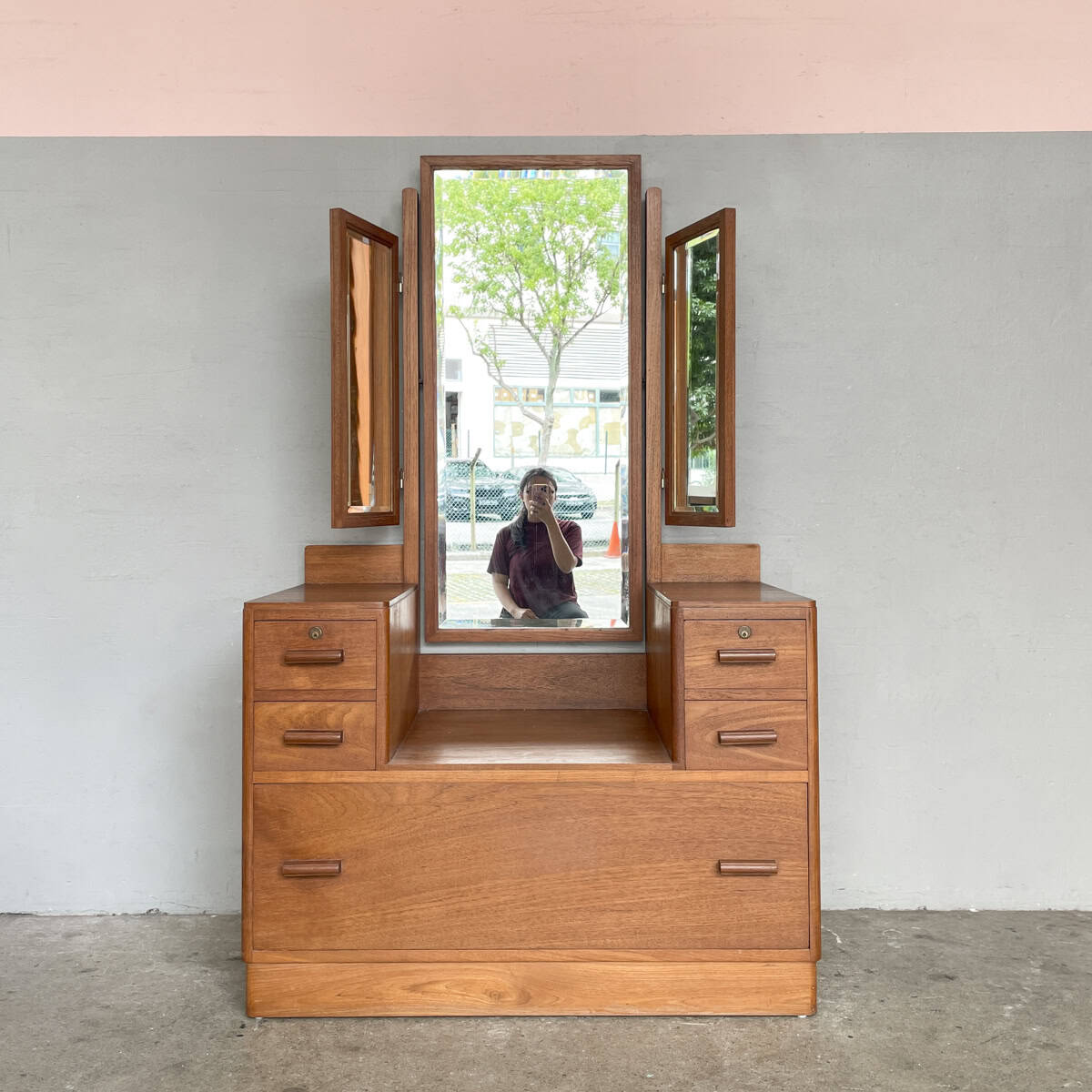 Vintage Teak Dressing Table with Tri-Fold Mirror