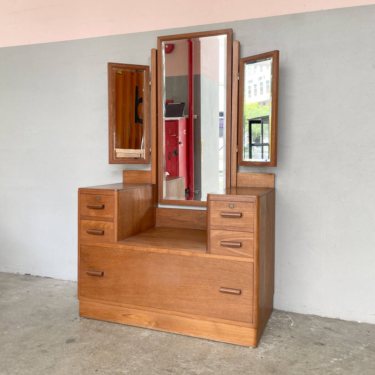 Vintage Teak Dressing Table with Tri-Fold Mirror