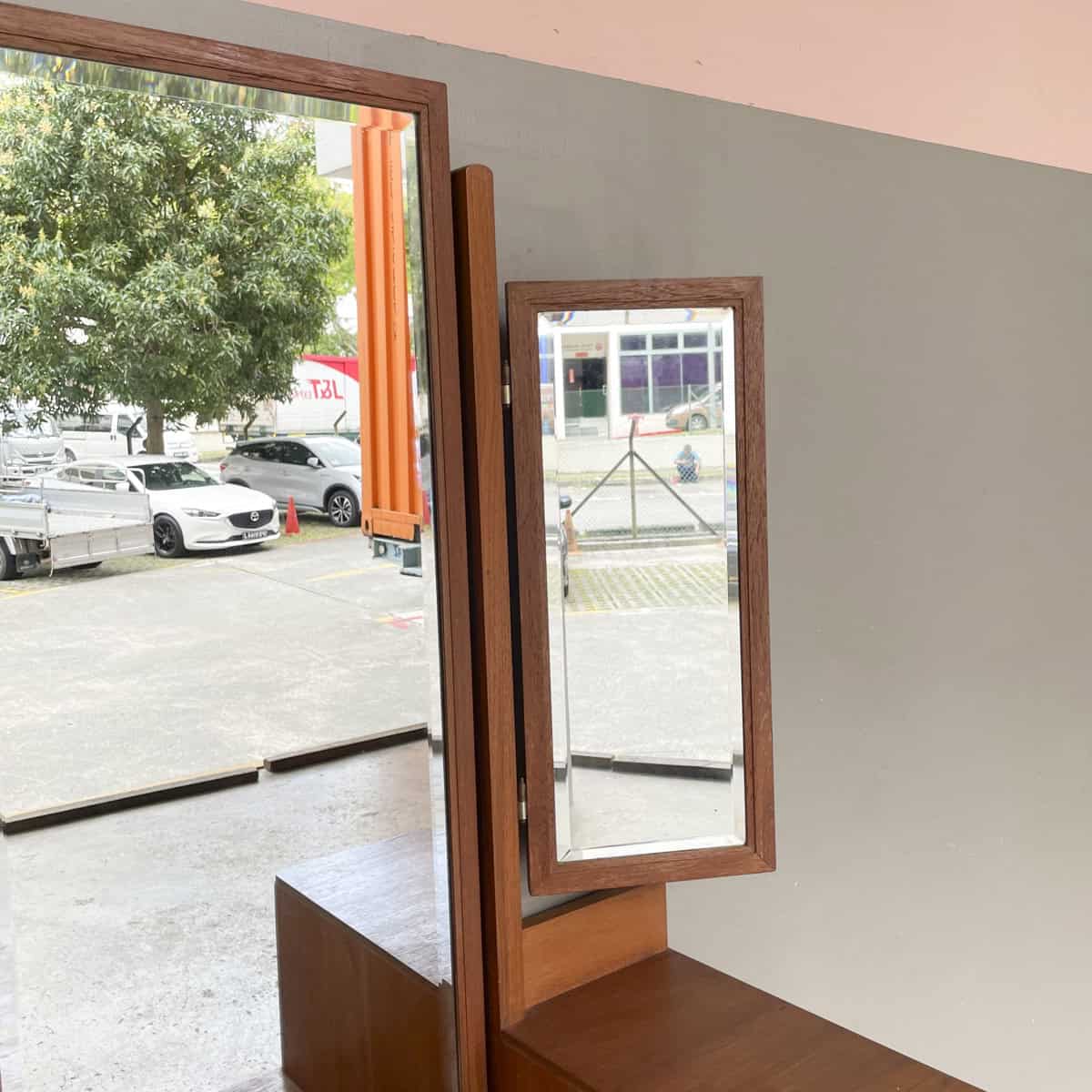 Vintage Teak Dressing Table with Tri-Fold Mirror
