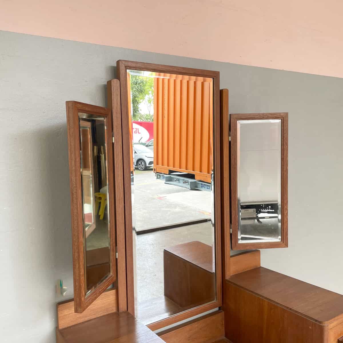Vintage Teak Dressing Table with Tri-Fold Mirror